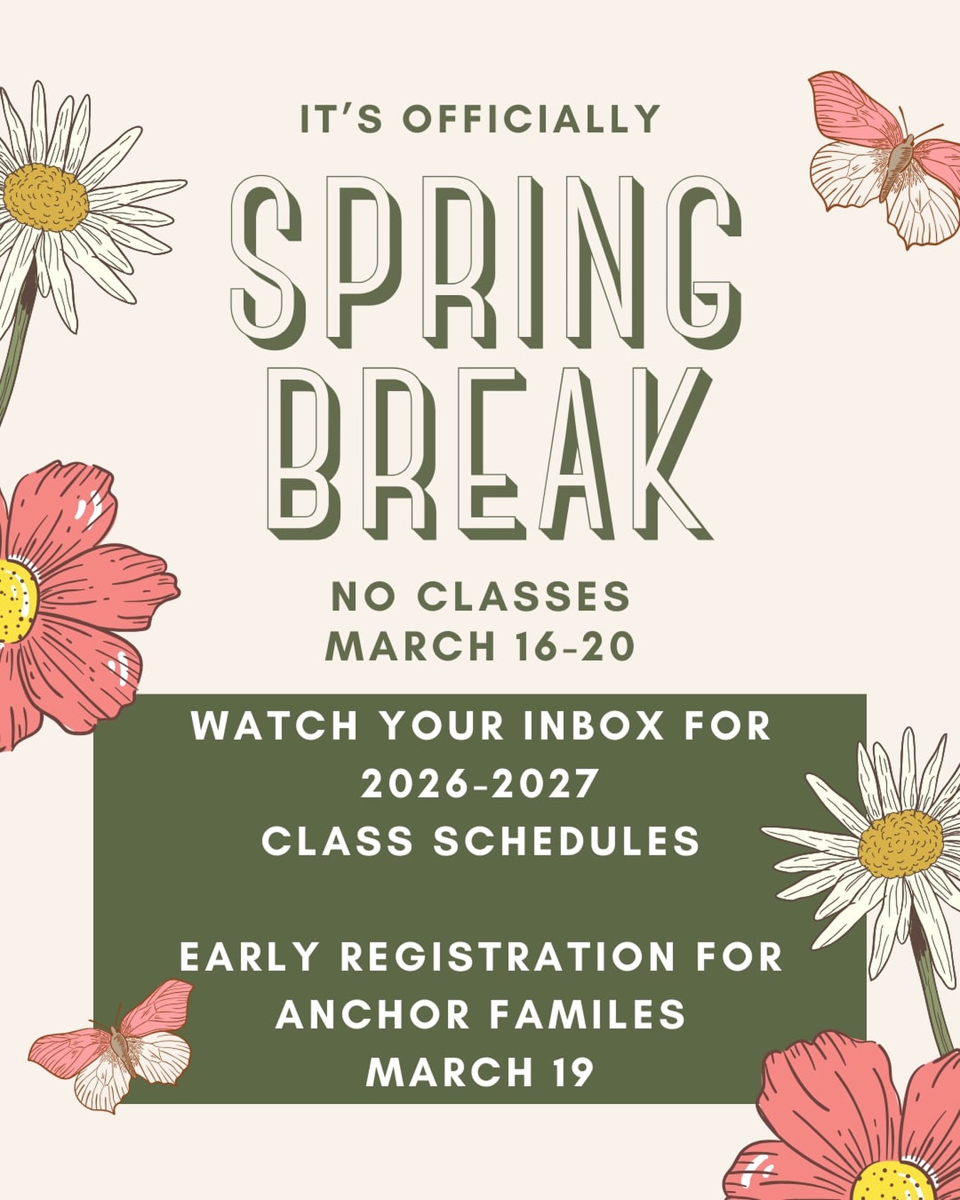 Enjoy the warm weather and sunshine this week! ☀️
✏️ ANCHOR FAMILIES EARLY REGISTRATION MARCH 19
✏️GLENDALE OPEN HOUSE MARCH 21
🎉CLASSES RESUME MARCH 23
✏️MESA OPEN HOUSE MARCH 24
Get more info at www.anchorenrichment.org