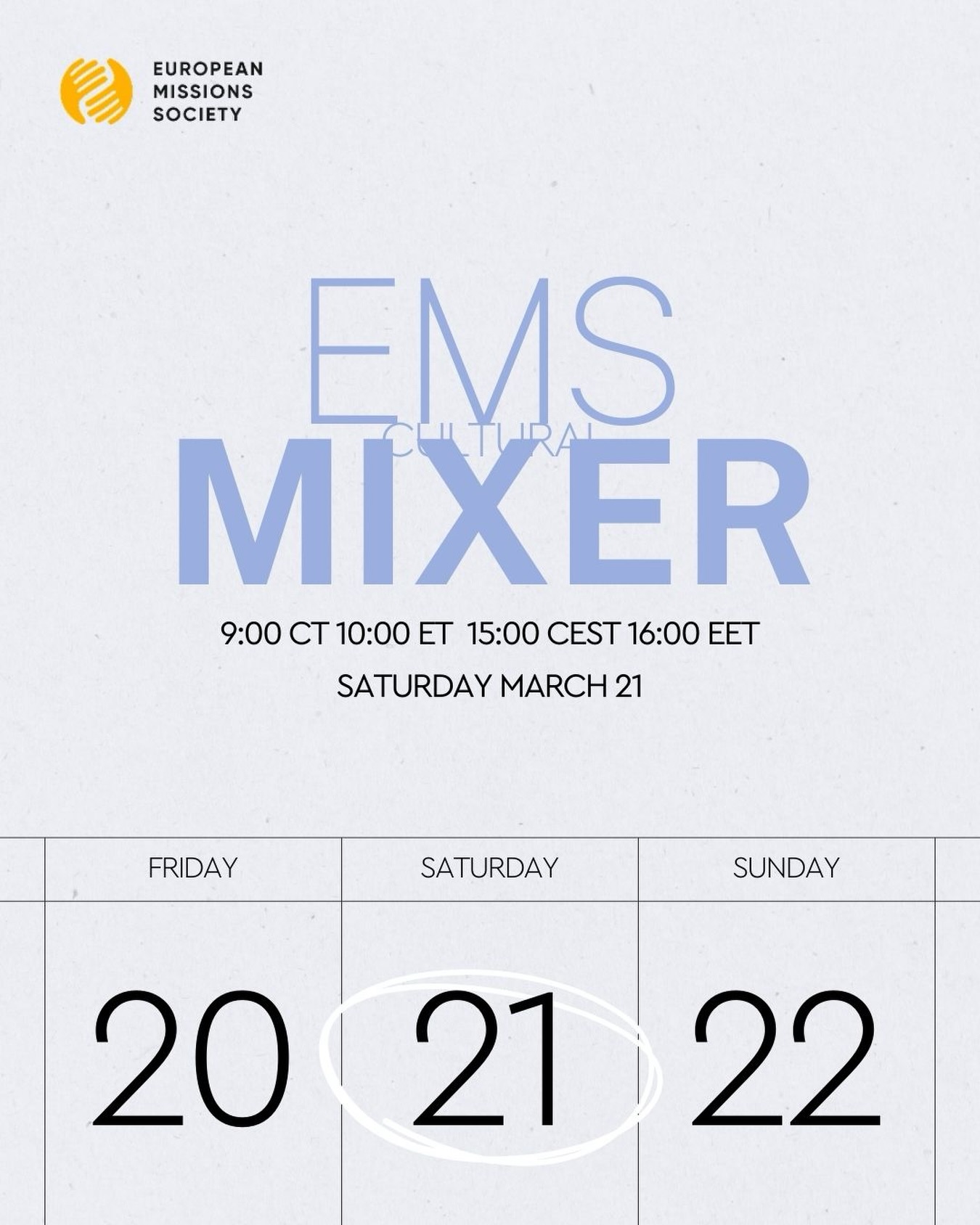 Don’t miss our March cultural mixer🌷
What will happen at the meeting? A unique opportunity to meet your brothers and sisters from around the world. Meet the donors who support your church and those you pray for and support. Everything will take place on Zoom, without leaving your home.
Get the registration link in the bio, and don’t forget to add it to your calendar 📅
