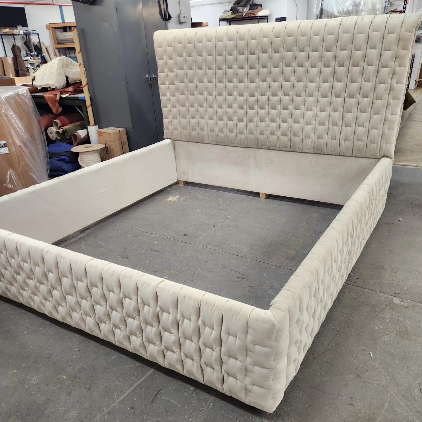 Custom in-house quilted fabric on adjustable mattress surround and headboard, with matching chair.
.
.
Everyone wants an adjustable mattress these days, but with a pretty surround and headboard still.
I gotchu, boo.
.
Give us the dimensions and we can make a surround to fit your awkward adjustable mattress base. Custom sized panels for both the bed and matching chair quilted with the clients fabric on our quilting machine and then upholstered. The chair is meant to look like it's got a blanket just laying on it and it's so comfy.