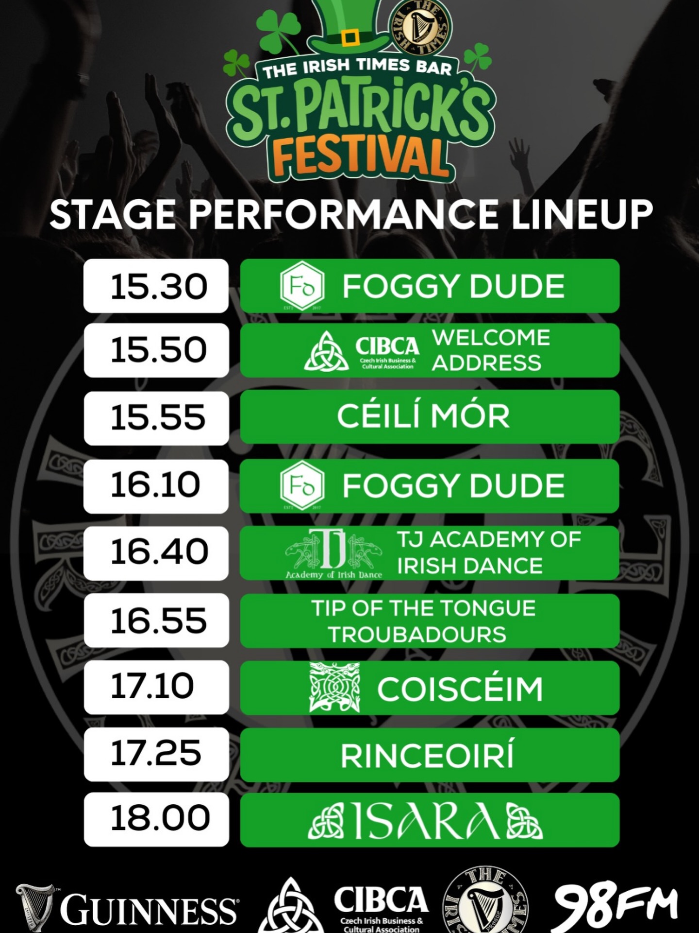 Ready for a bit of a dance? 💃☘️
Our stage programme at Náměstí Republiky starts at 15:30 this Sunday 15.3. following the parade!
Whether you’re here for the Irish dancing, the Foggy Dude, Isara or just a pint with friends, Náměstí Republiky is the place to be. 🇨🇿🇮🇪
See you there!