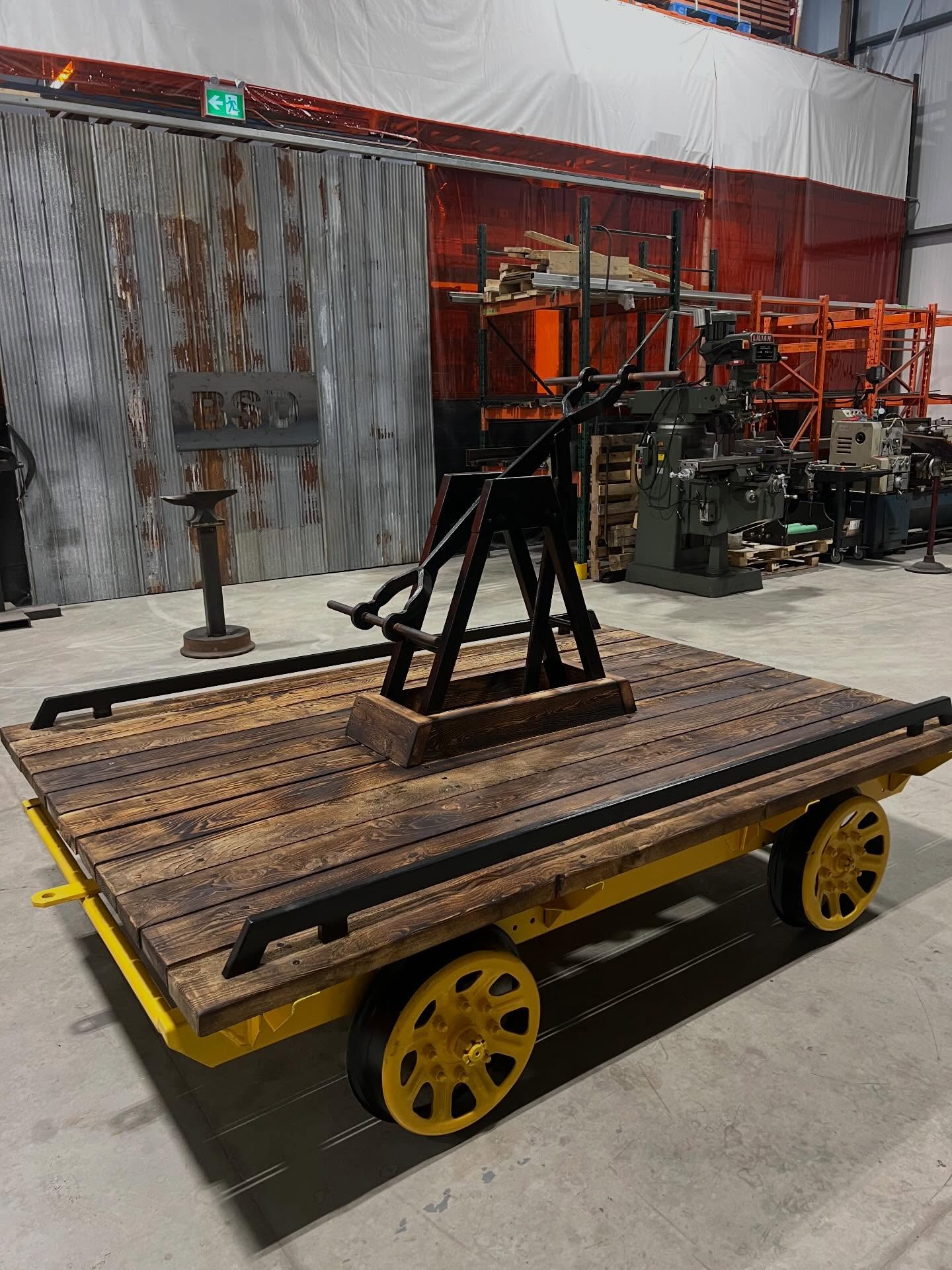 At times we’re asked to build really interesting things that I would have never imagined building. When I was asked to build this replica railroad cart from scratch it was a challenge I accepted and soon thereafter regretted when I realized the scope of work this would entail. My grandfather worked for the CPR in white river and a visit to his rail yard brought up a score of 4 wheels that his old friend “Diesel Dave” who still works for the railway delivered personally to our camp in white river out of respect for my grandfather. The wheels were then shipped down to me on a semi truck that had extra space on his ride back south. From there, with 4 wheels we built this cart from the ground up to function. And function well.