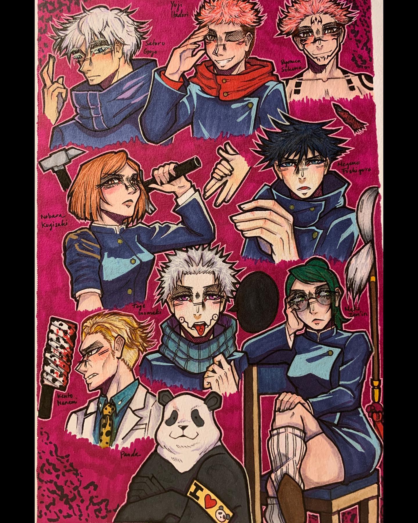 Jujutsu Kaisen👻✨
-
Can’t wait for season 2 to pull up, my boyfriend and friend made me watch it and mannnn hear me out- why they make these men cute af, the movie was also pretty good I was hyped for it and my friends and I watched it on the projector >;3333
-
Hopefully I drew some of y’all’s fav characters from the anime ;)
-
Lemme know who’s y’all fav character >;3
-
#jujutsukaisen #jujutsukaisenfanart #gojosatoru #itadoriyuuji #ryomensukuna #nobarakugisaki #megumifushiguro #togeinumaki #kentonanami #panda #makizenin #drawing #drawingsketch #sketching #sketch #art #artwork #artistsupport #anime #animefanart #artistloftmarkers #watercolor #fireflymarkers #gellyroll #micron #sharpie