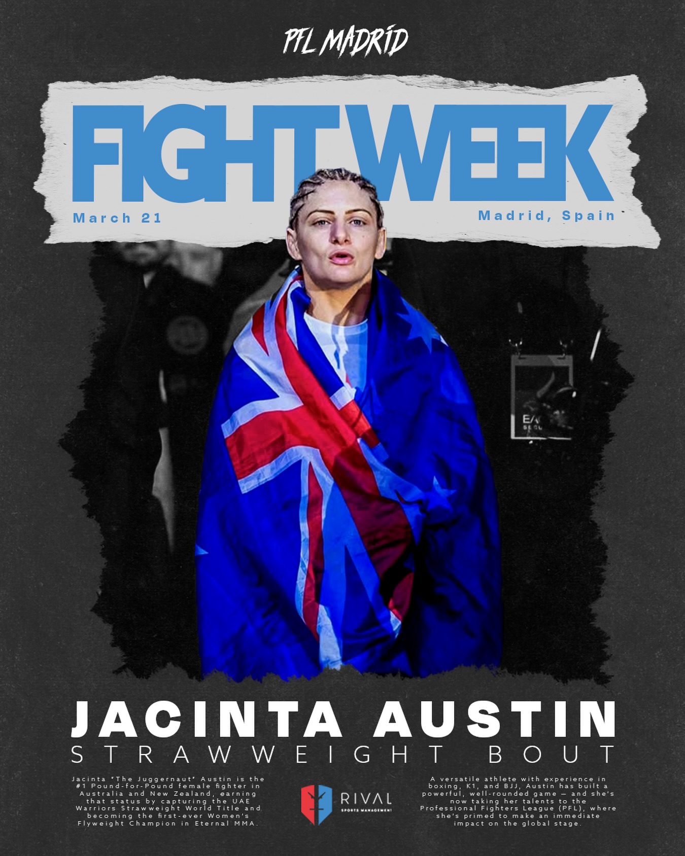 It’s Fight Week in Madrid! 🇪🇸
The Juggernaut is ready. Jacinta Austin makes her PFL debut this Saturday, March 21st, taking on Benita Van Rooji in a strawweight bout.
The next chapter begins. #RivalSportsManagement
