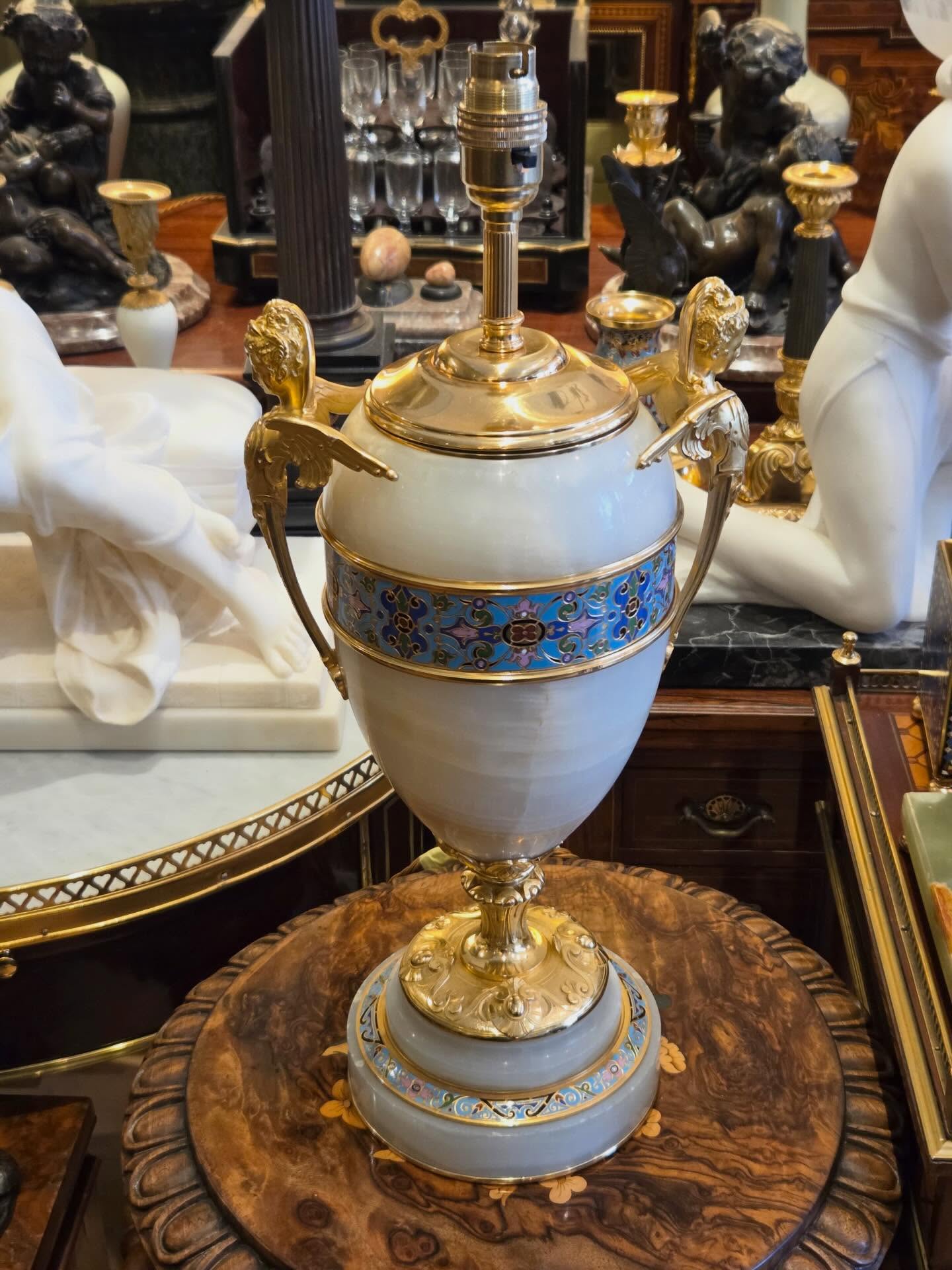 Rare french champleve/onyx table lamp#gilded bronze mounts#antique#circa 1900#interior design#portobello