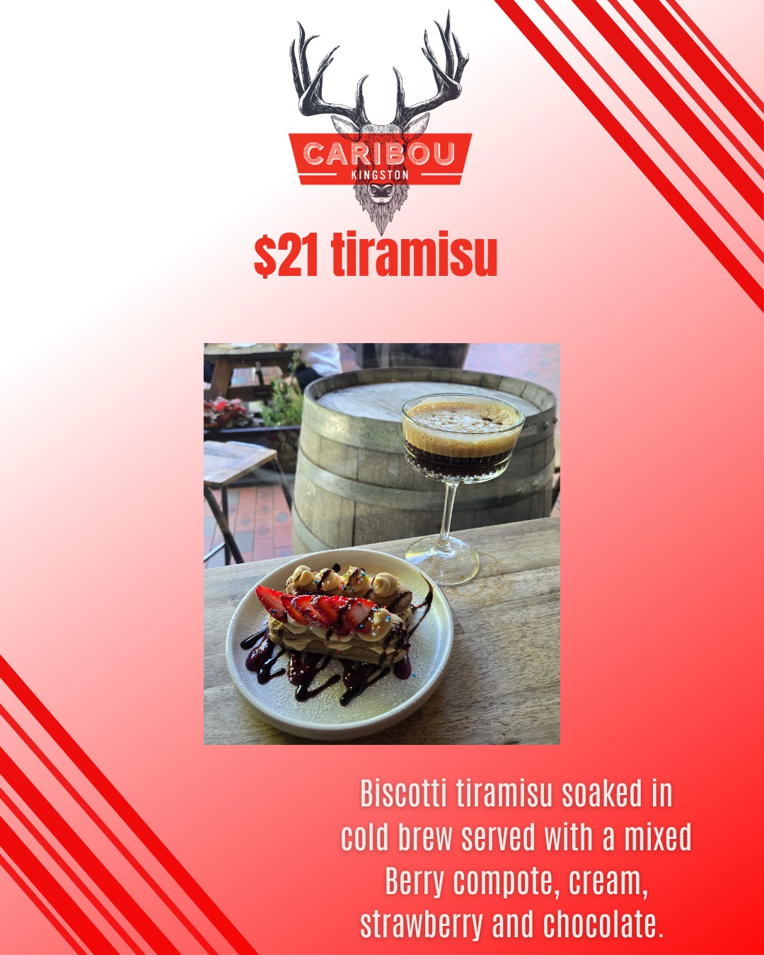 Berry and chocolate Tiramisu, this fortnights special!
Come down and grab a rare dessert special while it lasts on until Sunday 29/3.
#tiramisu #foodspecial #somthingnew