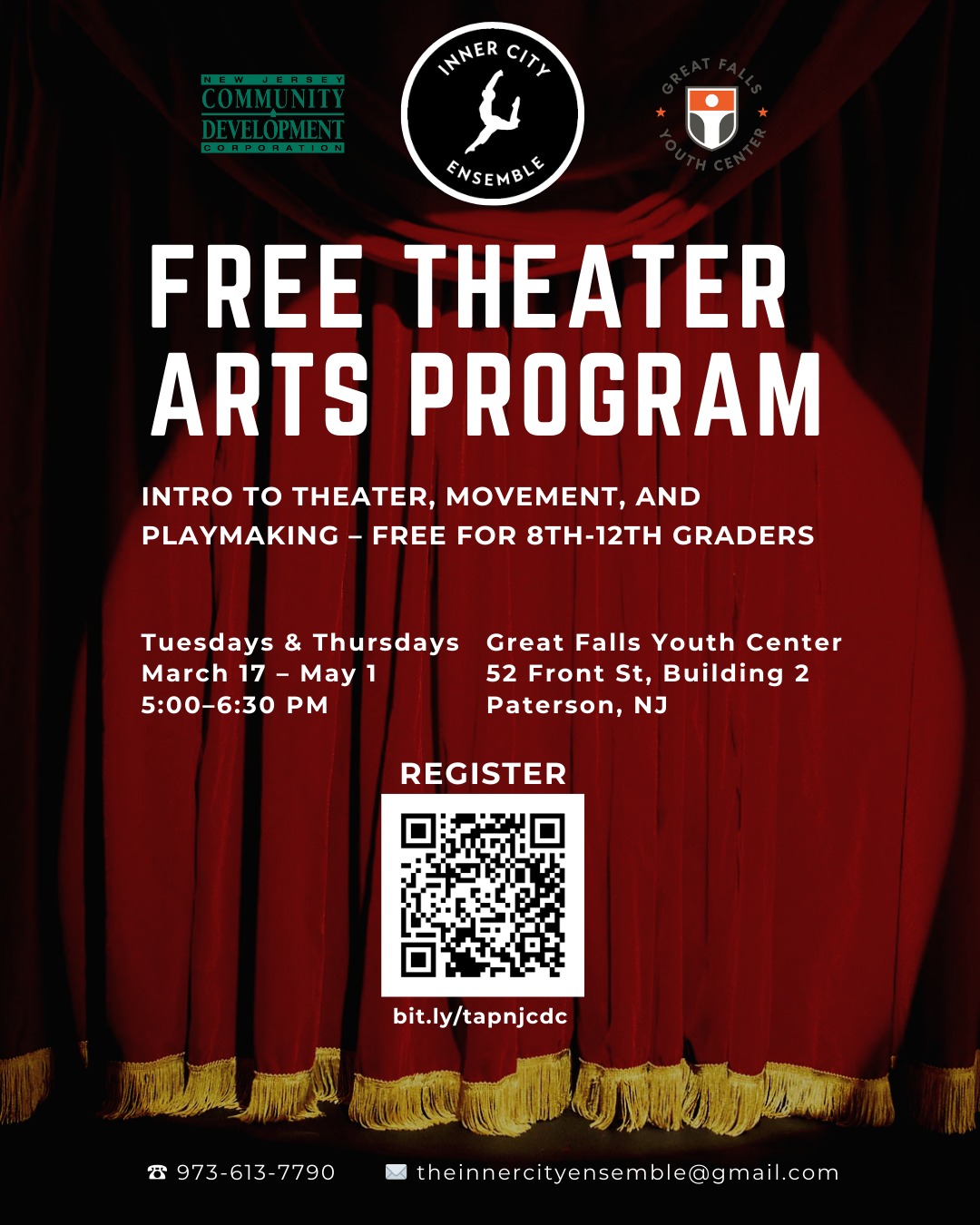 Paterson 8th-12th graders: Come step into the spotlight!
Join us tomorrow (3/17) at our @greatfalls_youthcenter to kick off the @innercityensemble Theater Arts Program — a FREE workshop series exploring theater, movement, and playmaking.
Participants will build creative skills, collaborate with peers, and work toward a live spring performance.
🎭 No cost to participate. All are welcomed.
Scan the QR code on the graphic or visit bit.ly/tapnjcdc to register