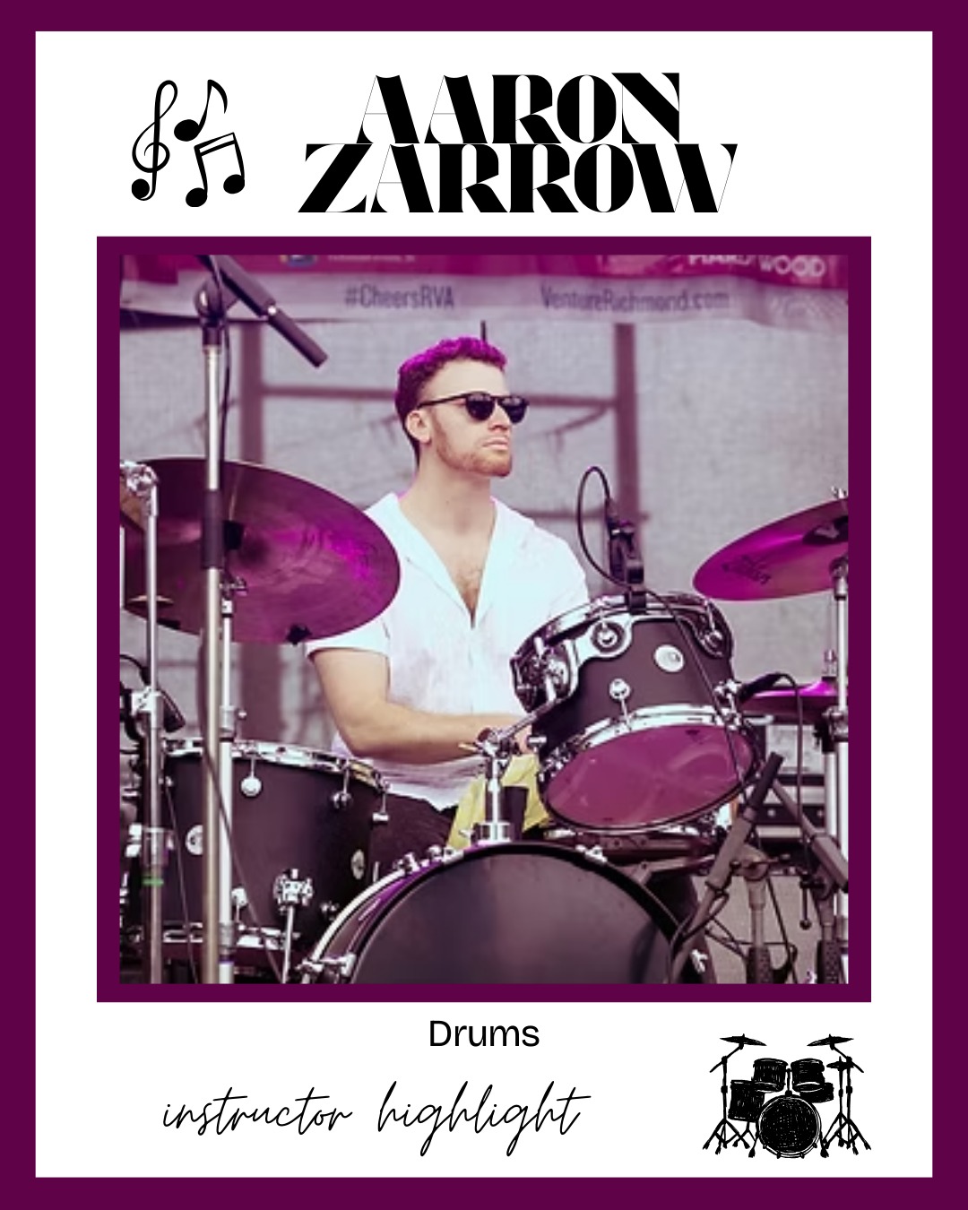 Instructor Highlight✨
Aaron Zarrow began studying drums at the age of 9 and went on to earn a Bachelor of Music in Jazz Performance from The University of the Arts in Philadelphia. Aaron studied with legendary drummers such as Joe Morello and Billy Hart, as well as many other inspiring educators in the Philadelphia and New York City areas.
With nearly 25 years of experience behind the kit, Aaron has spent the past two decades performing in a wide variety of musical settings. You can often catch him performing around the Richmond metro area in regular gigs with The Nucleus Trio (Jazz/Funk), Say Less Brass (traditional and modern brass band), Rumble Trio (Surf Rock), and Big Fancy (R&B/Soul/Pop), in addition to playing private events such as weddings and other special occasions.
Aaron has spent the last 15 years helping students discover the joy of drumming. He teaches students ages 8 through adults, with lessons tailored to each individual’s goals and learning style. Aaron’s instruction includes reading music, developing technique, exploring different musical genres, learning songs, and playing with other musicians.
Aaron enjoys playing and teaching a wide range of styles, and has a particular passion for Funk, Jazz, Rock and R&B. In lessons, he emphasizes building strong fundamentals—from proper grip and posture to active listening and musicality—so students can grow into confident and expressive drummers. Ultimately, his goal is to help each student become the most versatile and self-assured musician they can be behind the kit!