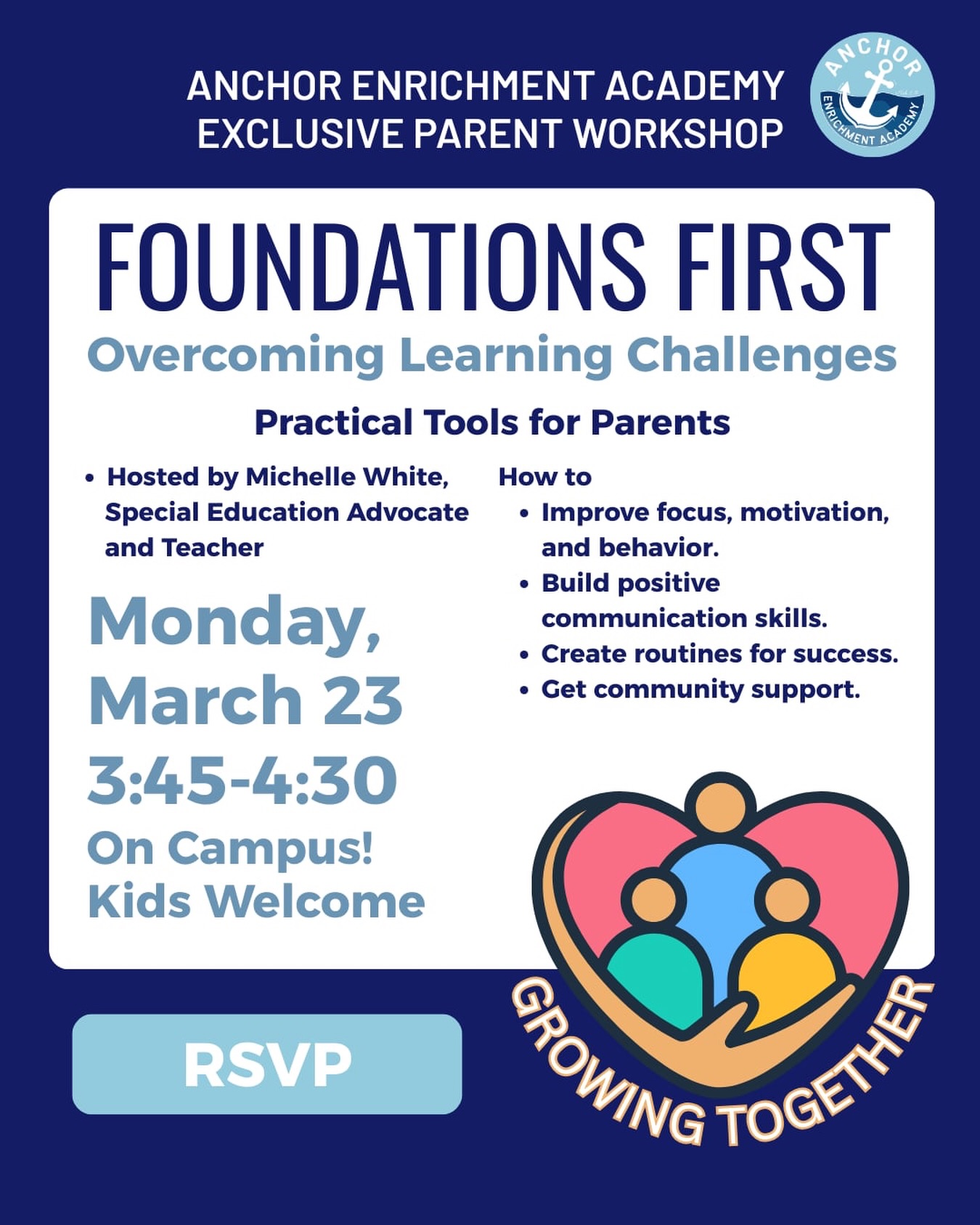 Struggling with learning challenges at home? You’re not alone.
Join us for Foundations First: Overcoming Learning Challenges, a free workshop for Anchor parents on Monday, March 23 at 3:45 PM on campus. We’ll share practical strategies to help students build strong learning foundations and move forward with confidence.
RSVP online to reserve your spot ✏️📚 https://www.anchorenrichment.org/event-details/foundations-first-overcoming-learning-challenges