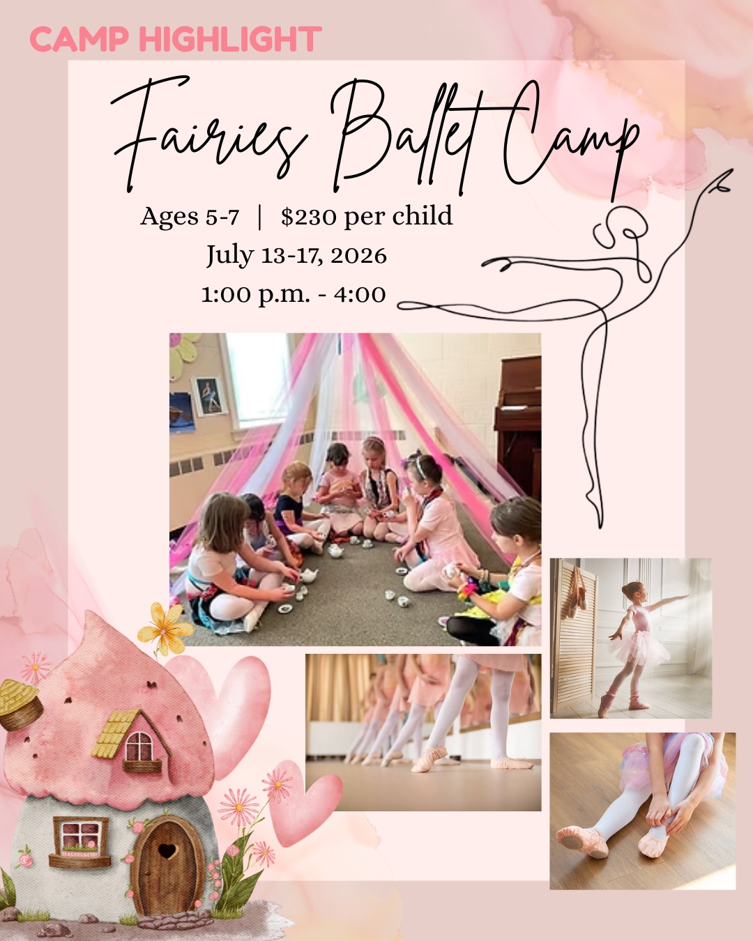 Camp Highlight!
Fairies Ballet Camp!
Children learn the fundamentals of classical ballet in this fun Fairies camp. They learn the stories of famous ballet fairies like those in Sleeping Beauty, and how a ballet tells a story without words. Children will watch the ballet and dance along under the instruction of Elizabeth Diaz Krash, an experienced teacher who was a member of American Ballet Theatre’s Corps de Ballet. Parents are invited on the last day of camp to watch the children perform what they have learned that week!
Class size limited to 10 – sign up soon!
#camp #ballet #summercamp