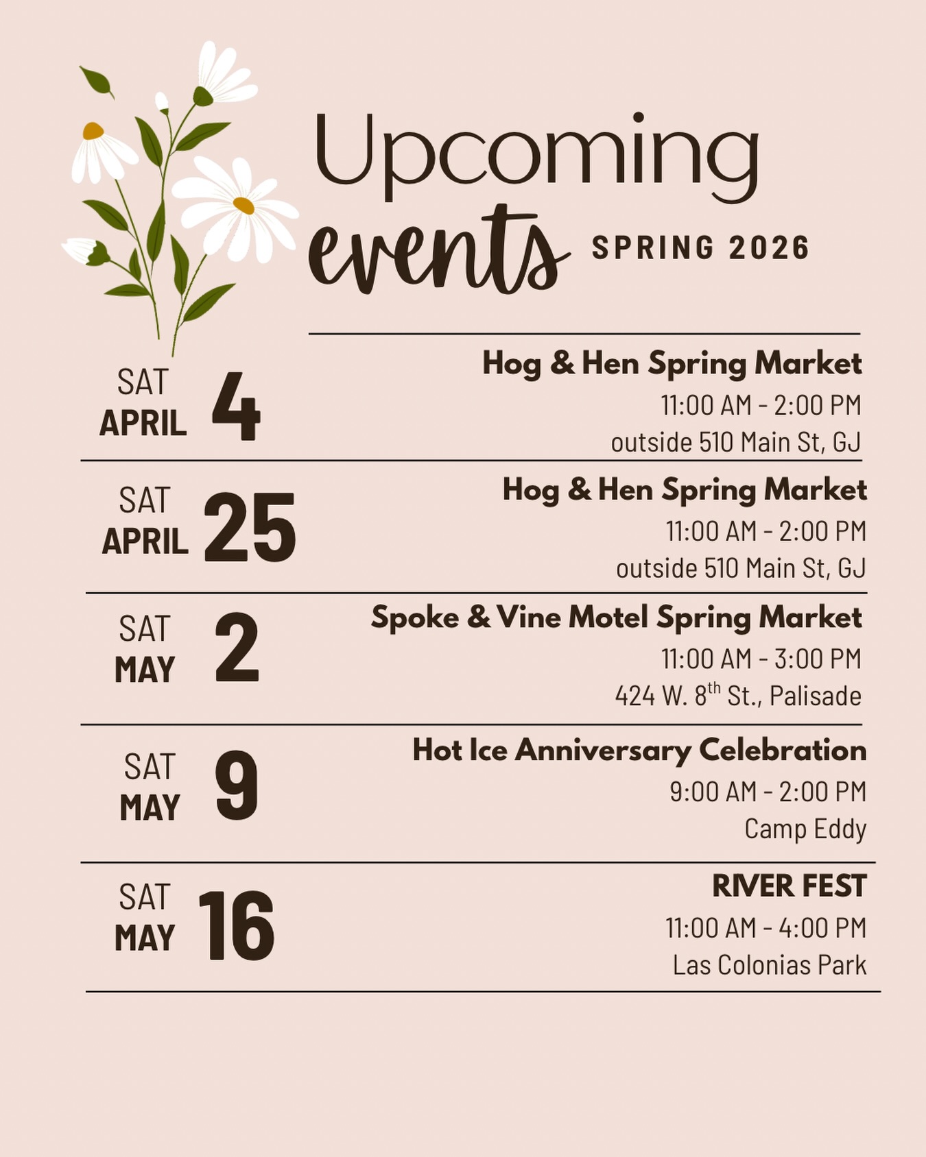 Hello friends!
Here is an updated schedule of some fun events coming up. Swing by any one of these to say hello and see what is NEW this spring with the GGE collection.
Let’s support giving local!
#peopleoverprofit
#grandjunctioncolorado
#buyglobalgivelocal