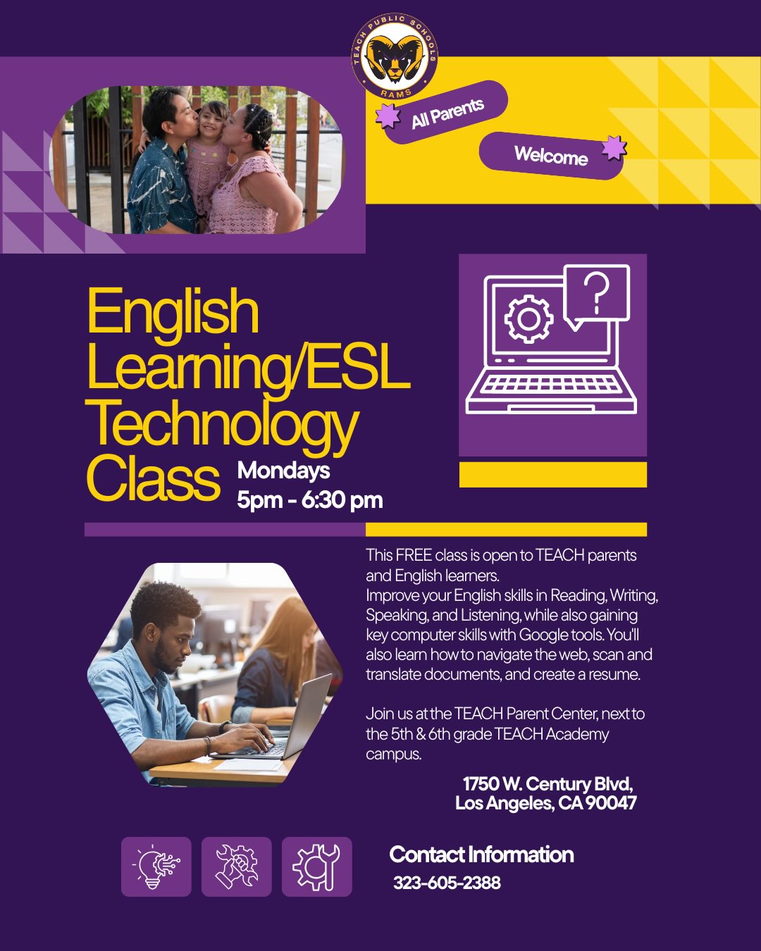 📚💻 Good afternoon TEACH families!
Our ESL & Technology Course continues today at 5 PM! This weekly class is a great opportunity to learn and improve English while building essential computer skills. Participants practice reading, writing, speaking, and listening while also learning how to use Google tools like Chrome, Slides, Docs, Email, and Forms. You’ll also learn how to navigate the web, scan and translate documents, and even create a resume.
The class is taught by TEACH Tech High School teacher Ms. Moreno and takes place every Monday at 5 PM at the TEACH Parent Center (1750 W. Century Blvd., next to our 5th & 6th grade TEACH Academy campus).
📞 Questions? Call Luis Ramirez at 323-605-2388.
✨ Join us and build your English and technology skills!
#TEACHPublicSchools #TEACHFamilies #ParentEducation #ESLClass #CommunityLearning