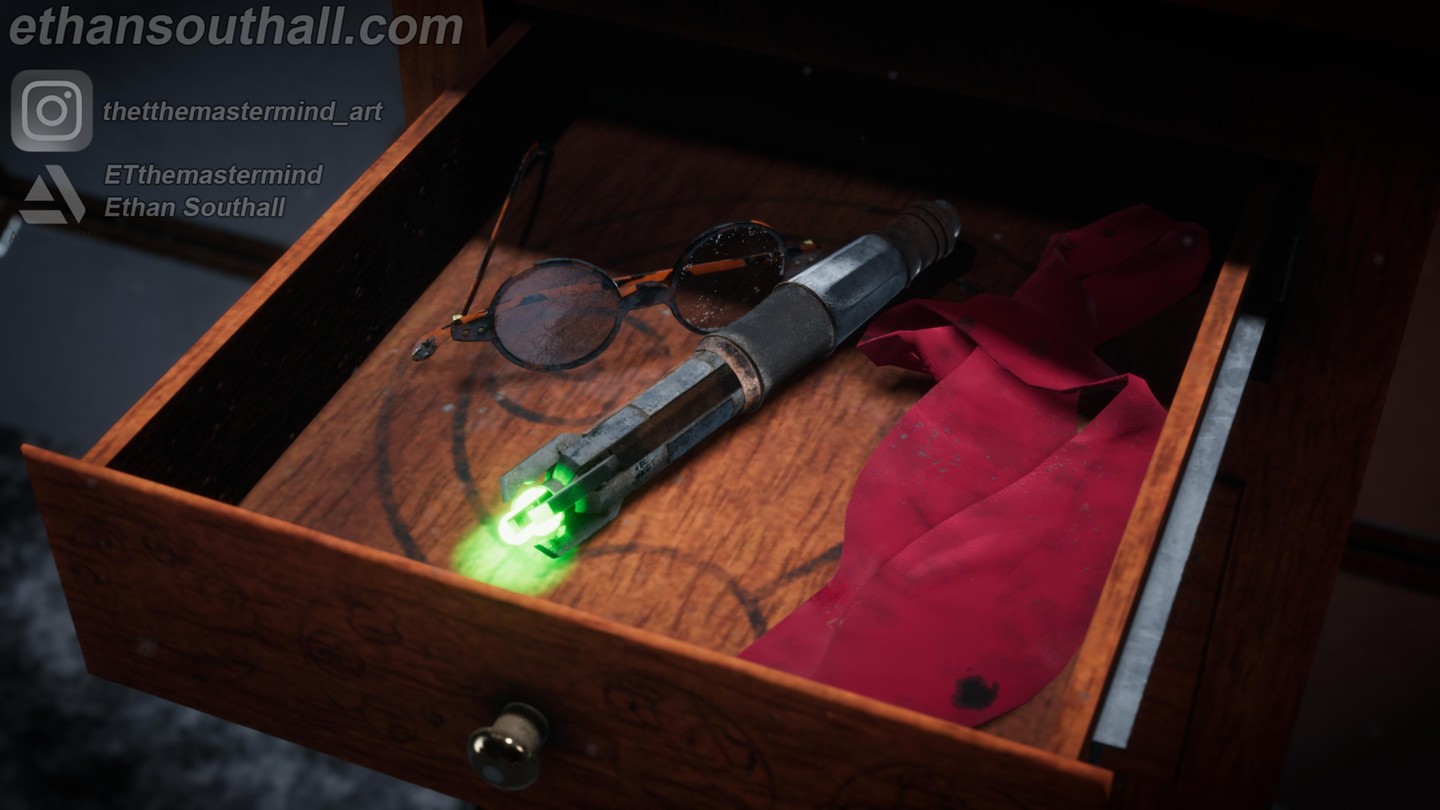 A small scene depicting objects used frequently by or are synonymous with the Eleventh Doctor:
- Sonic Screwdriver
- Bowtie
- Amy Pond's Glasses
- The Crack
Overall, the scene is meant to be a tribute to the Eleventh Doctor. The Galifreyan symbol inside the drawer is the number 11, with the symbols on the drawer being the christmas cracker poem read to him by Clara shortly before his regeneration into 12.
See more here -> https://www.artstation.com/artwork/xY8R9m
Sonic Screwdriver sound effect comes from "Doctor Who - The Eternity Clock"
#3dart #3dartist #doctorwho #sonicscrewdriver #mattsmith #eleventhdoctor #blender #blender3d #substancepainter #substancedesigner #marvelousdesigner #marmosettoolbag4 #unity3d #unity