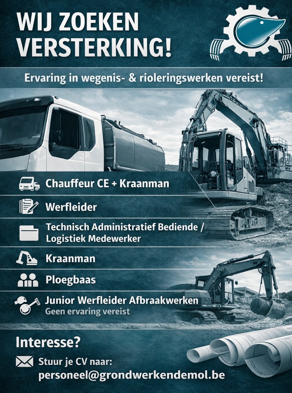 π§ WIJ ZOEKEN VERSTERKING! π§
Ben jij klaar voor een nieuwe uitdaging in de bouwsector? πͺ
Wij zijn alvast op zoek naar gemotiveerde en gedreven nieuwe collegaβs!
π Ervaring in wegenis- en rioleringswerken is noodzakelijk (behalve waar vermeld).
Openstaande vacatures:
π·ββοΈ Chauffeur CE + Kraanman
π· Werfleider
ποΈ Technisch Administratief Bediende / Logistiek Medewerker
π Kraanman
π·ββοΈ Ploegbaas
π± Junior Werfleider Afbraakwerken (geen ervaring vereist)
Wat bieden wij?
β
Stabiele jobs met veel afwisseling en uitdaging
β
Correcte verloning volgens ervaring
β
Familiale werksfeer
β
Doorgroeimogelijkheden
Klaar om mee te bouwen aan sterke projecten? ποΈ
π© Stuur je CV naar personeel@grondwerkendemol.be
Tag iemand die perfect zou passen! π
#vacature #bouwsector #wegenwerken #rioleringswerken #werf #jobs #aanwerving #demol #teamdemol