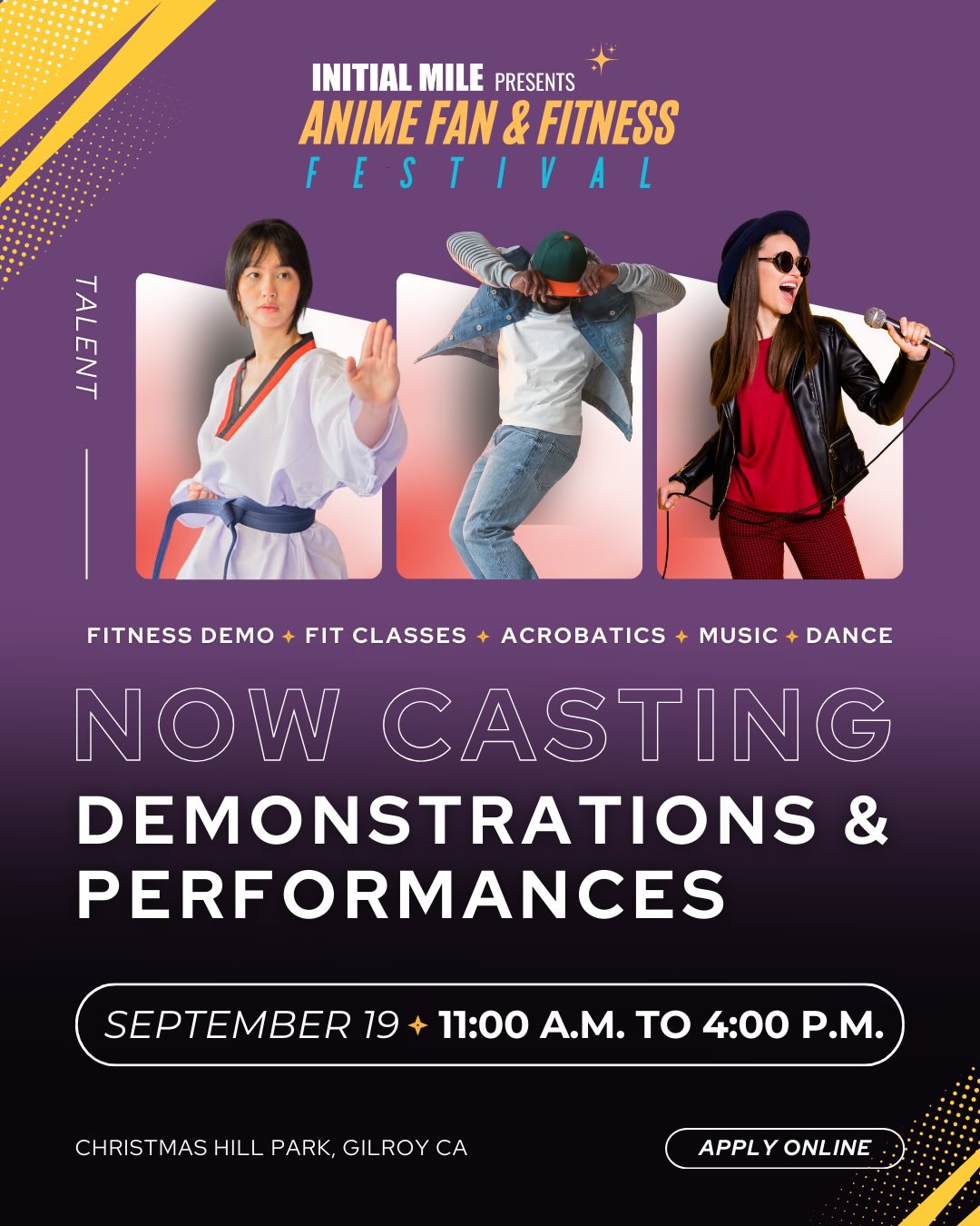 Do you have a talent you want to showcase? We’re officially casting performers and live demonstrations for our 2nd Annual Anime Fan & Fitness Festival!
We’re looking for high-energy acts and engaging demos such as:
✨ Martial arts
✨ Cosplay performances
✨ Fitness demonstrations
✨ Dance or choreography
✨ Anime-inspired performances
✨ Unique talents from the community
This is your chance to take the stage, share your passion, and be part of an unforgettable community event. Whether you represent a club, studio, gym, or you’re a solo performer, we’d love to see what you’ve got!
Interested in performing or hosting a demo?
Send us a message, apply by clicking on the link in bio or email to learn more. #animefanandfitnessfestival #initialmile #animefestival #fitnessfestival #castingcall @anyyums_official @the.baking.connection