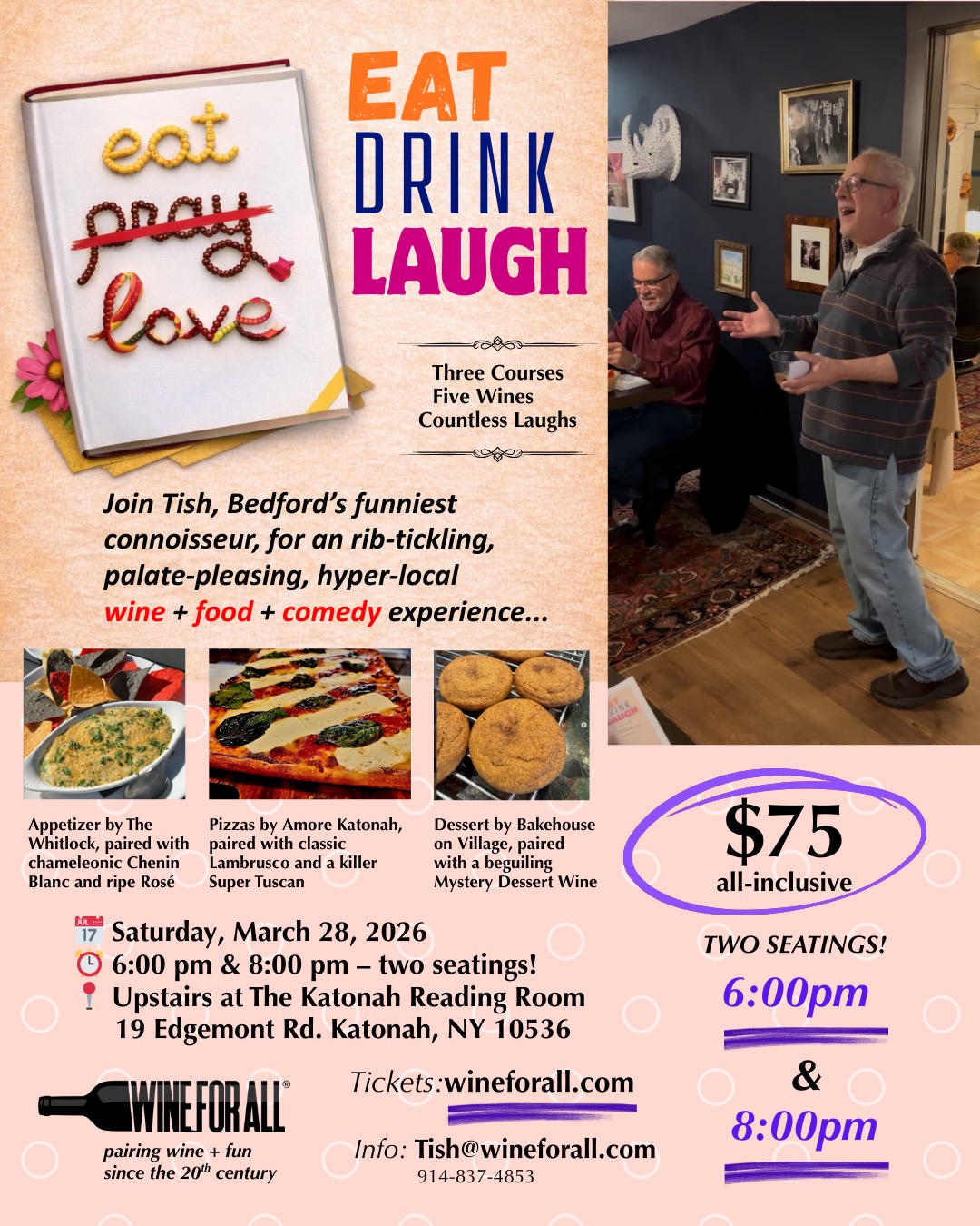 So excited to be doing an "encore" of my wine-food-comedy mash-up, "EAT. DRINK. LAUGH." upstairs at @katonahreadingroom. The wines are even better this time -- and I am again thrilled to team up with local stars: @katonahwineandliquor @thewhitlockkatonah , @amorekatonah and @bakehouseonvillage. Tickets $75; at wineforall dot com #katonah #wine #EatDrinkLaugh