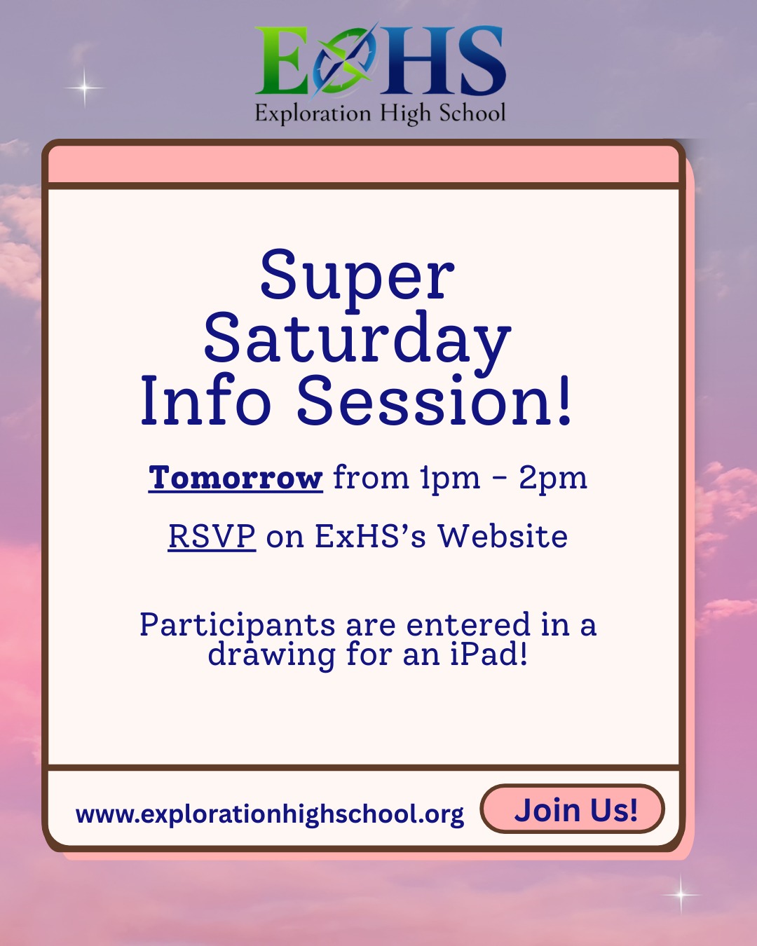 🎓 Super Saturday at Exploration High School!
Prospective students and families for the 2026–2027 school year (Grades 9–12) are invited to join us tomorrow to learn more about Exploration High School.
Come meet our team, explore our project-based and career-connected learning model, and see how students at Exploration turn their passions into real-world experiences.
✨ Small classes
✨ Hands-on learning
✨ Career exploration opportunities
📍 Exploration High School
⏰ Join us tomorrow!
👉 RSVP: https://www.explorationhighschool.org/services-4