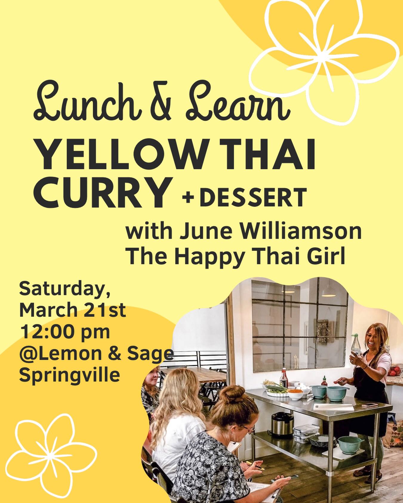 ✨Cooking Demo + Lunch with @happythaigirl ✨
Spice up your lunch with the Happy Thai Girl! Join June Williamson for a fun Yellow Thai Curry cooking demo and learn her best tips for a flavorful, restaurant-quality dish. Lunch is included, plus a little dessert!
Limited spots—reserve yours today!
👉Registration link in profile.
#cookingclass #thaicooking #lemonsagemarket