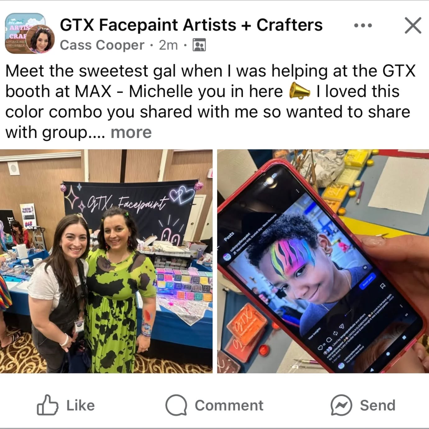 β¨π¨GTX shout-out! π¨β¨ My favorite table at the @maxconvention this year! They featured my color recipe on a recent post and I'm so flattered! β¨π©· If you've been to ANY of my events you've seen this color combo walking around! I can't wait to refine my line work even more to get those rainbow tigers popping! Thank you @gtxfacepaint !