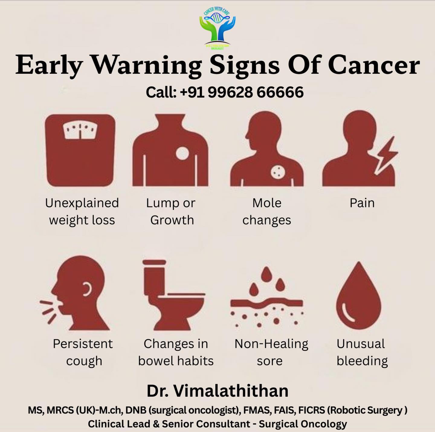 Early detection saves life
Don’t ignore the warning signs.
#cancerawarenenss #drvimalathithan #healthmatters❤️❤️ #stayaware