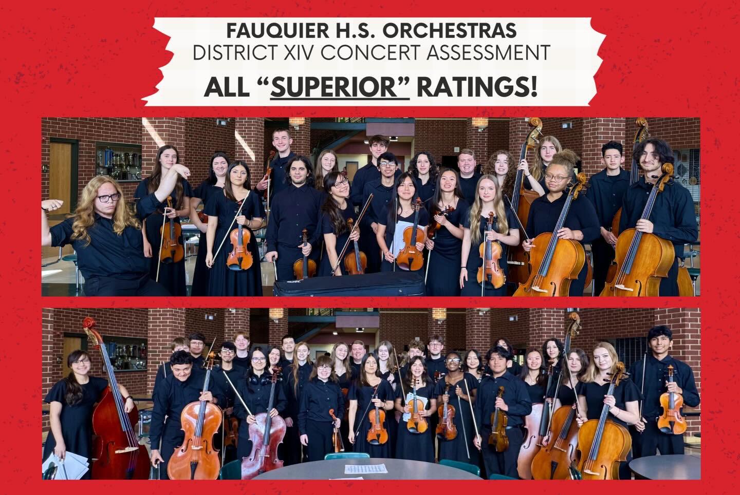 Congratulations to the Fauquier H.S. Chamber and String Orchestras for earning the highest possible rating of “Superior”—receiving straight 1s across the board—at the District XIV Concert Assessment at Kettle Run this past Saturday! We couldn’t be prouder of your hard work and dedication to your instruments and your team🎻
Swipe for videos of their performances! ➡️