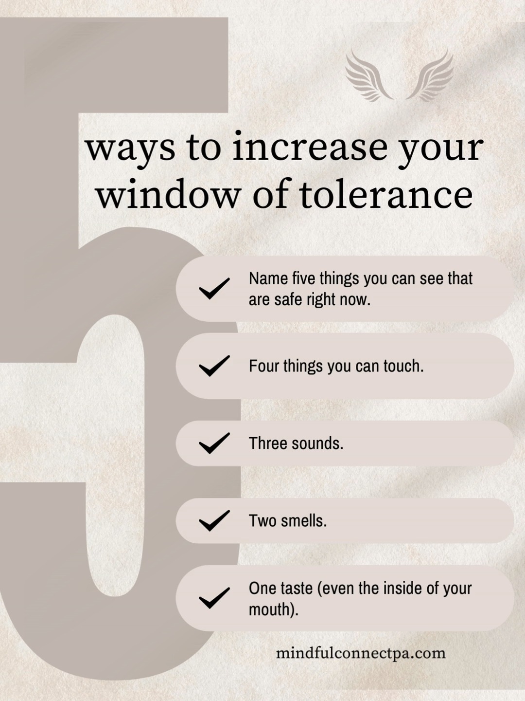 When the window of tolerance feels narrow, emotions can flood or disappear quickly.
A small tool to widen it gently: orient to safety through the senses.
Look around — name five things you can see that are safe right now.
Four things you can touch.
Three sounds.
Two smells.
One taste (even the inside of your mouth).
It tells the nervous system: “Right now, we are here. Right now, we are okay.”
No need to force calm.
Just a quiet re-orientation.
What happens in your body when you try this?