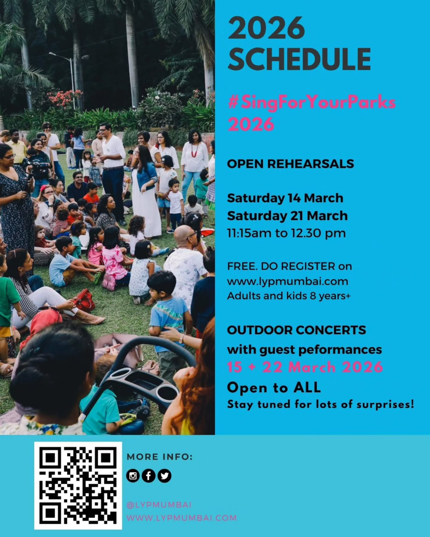 Everyone is welcome, everyone is needed. .
.
We believe now more than ever is the time to come together, be together, sing together, fight together. .
.
Mark your calendars for #SingForYourParks2026
Join us for 1 or two gigs, 1 or 2 rehearsals...sing with us outdoors on 15th March and 22nd March ...it's LYPMumbai chorus and friends time!
We promise choir durector Petra Misquitta is going to make it really fun!
Lots of fun and masti guaranteed with @capoeiraacademyindia @happiness.unpacked @readwithshagun @oddyelloworkshops
@slack_mumbai @pranjaljohri @slackistan_ @mister_mover @vaibhav_the_yogaboy
.
.
#community #singingtogether #creativeplacemaking #bettertogether citiesforplay music