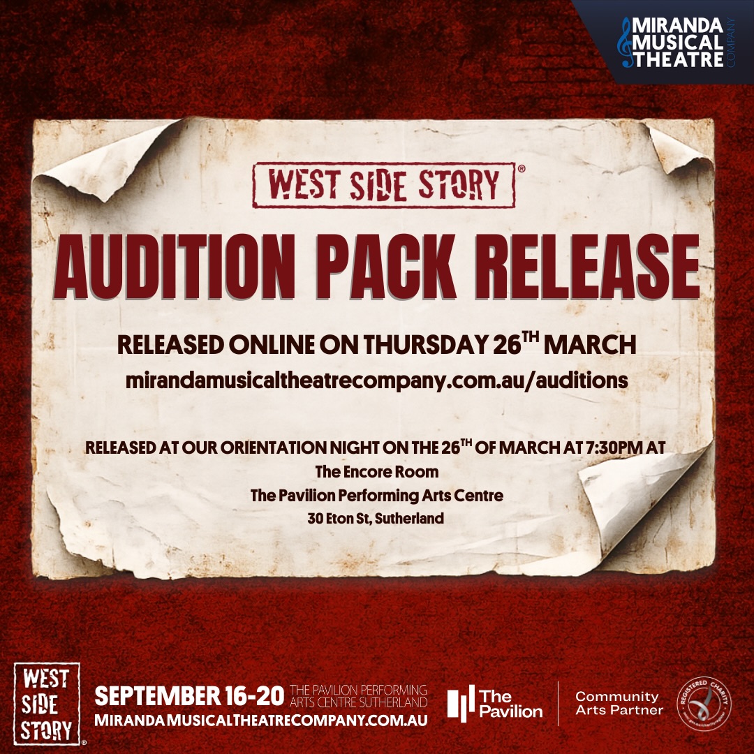 GET COOL BOY and SAVE THE DATE
The West Side Story audition pack will be released next week at our Orientation night!
Come along to hear all about vision for the show, how auditions will run and what we’re looking for in a cast!
📍 The Encore Room, The Pavilion Performing Arts Centre
📅 Thursday 26th March
⏰ 7:30pm
