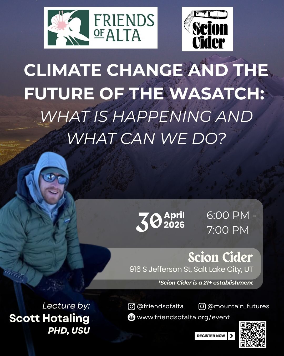 Join us for our first FOA Speaker Series talk this year! In this presentation, Dr. Scott Hotaling will discuss how the Wasatch and surrounding mountains are changing, new areas of exciting research, and how communities, nonprofits, and agencies can make a difference to protect the mountains. Specifically, he will discuss rock glaciers—a critical area of emerging research in a warming world—and a new initiative at Utah State University to integrate mountain research, education, and outreach to bolster the future of our mountains.
Event Details:
📅 April 30, 2026 - 6:00 PM to 7:00 PM
📌 Scion Cider - 916 S Jefferson St, Salt Lake City
💵 Free Event but donations welcome
RSVP Encouraged - Link in bio or https://events.humanitix.com/climate-change-and-the-future-of-the-wasatch
Please note that Scion Cider is a 21+ establishment. Valid ID is required to enter.
Meet the Speaker:
Scott Hotaling is a professor in the Department of Watershed Sciences at Utah State University. He received his PhD in 2017 and joined the Utah State faculty in 2022. At USU, he leads the Climate Change in Mountains Lab where his team studies how recent climate change is impacting mountain regions. He is also USU Extension’s Climate Adaptation Specialist. In this role, he works with a wide array of entities to solve the climate challenges facing Utah and the surrounding region. A climbing ranger turned mountain scientist, Dr. Hotaling brings a unique perspective to academic research and extension by integrating long-term data collection, storytelling, and his own experiences. You can see more of his work on his @mountain_futures YouTube channel: https://www.youtube.com/@mountainfutures/
We want to extend a heartfelt thank you to our incredible business sponsor, @scionciderbar , for graciously hosting us during the event.