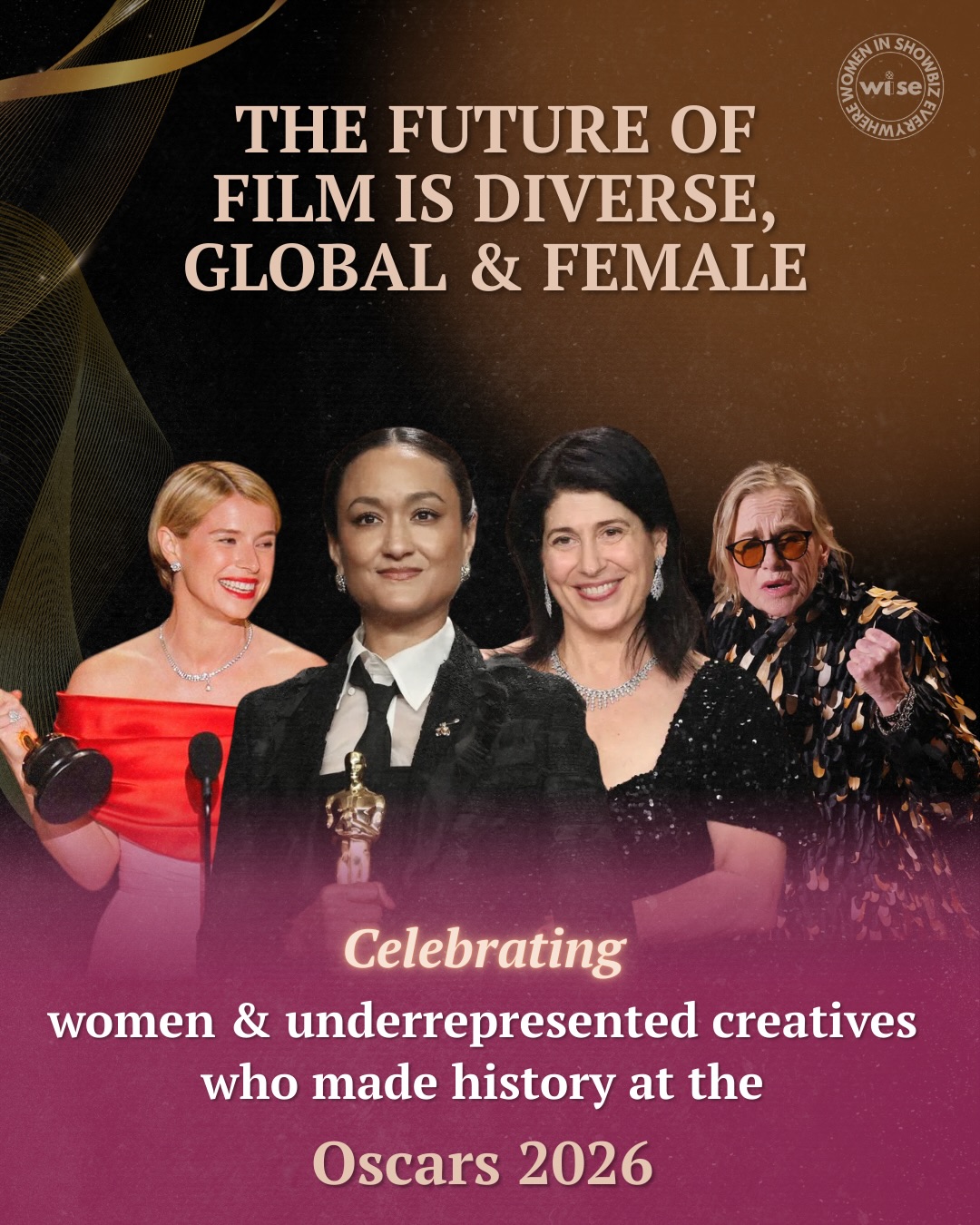 🎬 The future of film is DIVERGE, GLOBAL & FEMALE 🙌🏽🙌🏽🙌🏽
CONGRATS to the women and underrepresented creatives who won (and made history) at the Academy Awards 2026, shaping the future of storytelling:
✨ Autumn Durald Arkapaw — Best Cinematography (Sinners)
✨ Cassandra Kulukundis — Best Casting (One Battle After Another)
✨ Jessie Buckley — Best Actress (Hamnet)
✨ Amy Madigan — Best Supporting Actress (Weapons)
✨ Ryan Coogler — Best Original Screenplay (Sinners)
✨ Michael B. Jordan — Best Actor (Sinners)
✨ Maggie Kang & Michelle L. M. Wong — Producers, Best Animated Feature (KPop Demon Hunters)
✨ EJAE — Best Original Song, “Golden” (KPop Demon Hunters)
These artists are breaking barriers, expanding representation, and redefining who gets to tell the stories we see on screen.
At WISE – Women in Showbiz Everywhere, we celebrate the creators shaping a more inclusive future for film and storytelling.
Congratulations to all the nominees and winners alike at the 98th Oscars — here’s to many more dreams getting realized. 👏🏽👏🏽👏🏽
Follow @wise_womensorg for more stories on women & underrepresented voices in film and media.
#WomenInShowbizEverywhere #Oscars #Womeninfilm #98thacademyawards #congratulations