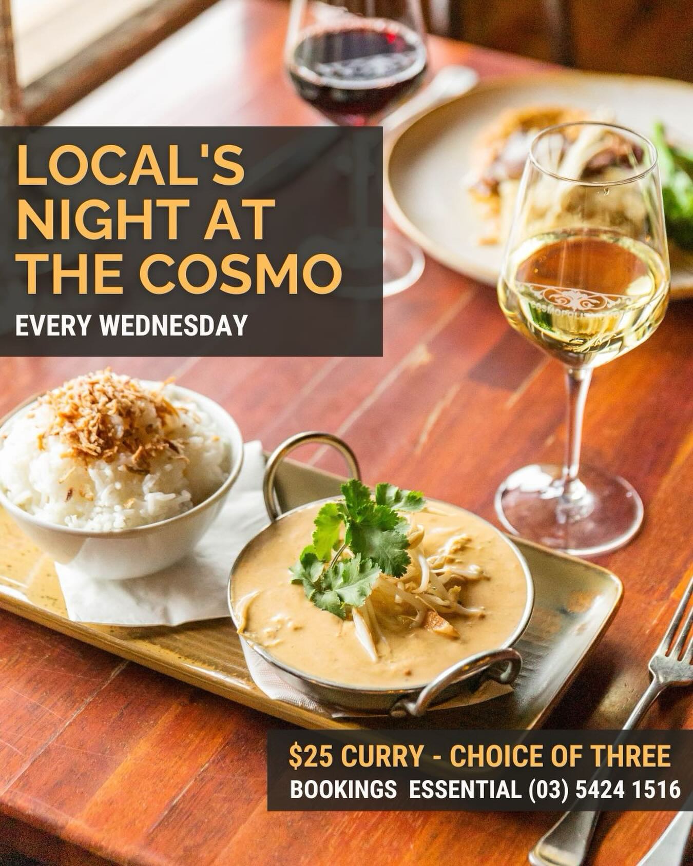 No need to stop at the supermarket for last minute dinner tonight. We are cooking CHICKEN KORMA to accompany our usual 2 option of Penang curry offering. Rice included.
Yes it’s LOCALS’ NIGHT.
$25 dine in / $18 takeaway
#localsnight #easydinnerideas #trentham3458