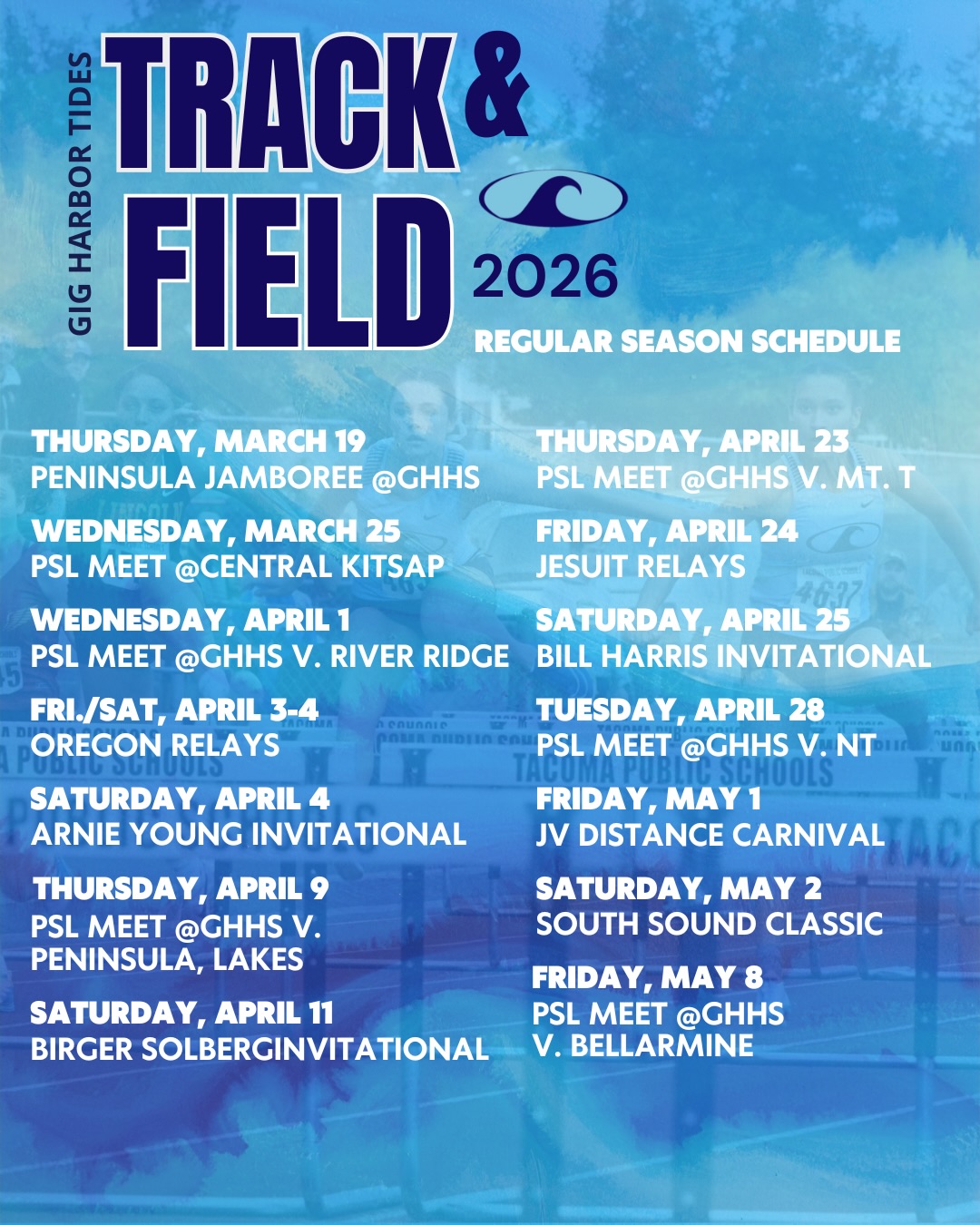 Tides Track and Field 2026 Schedule. 🗓️
Specific Meet information is available on athletic.net (link in bio)
🌊🌊🌊