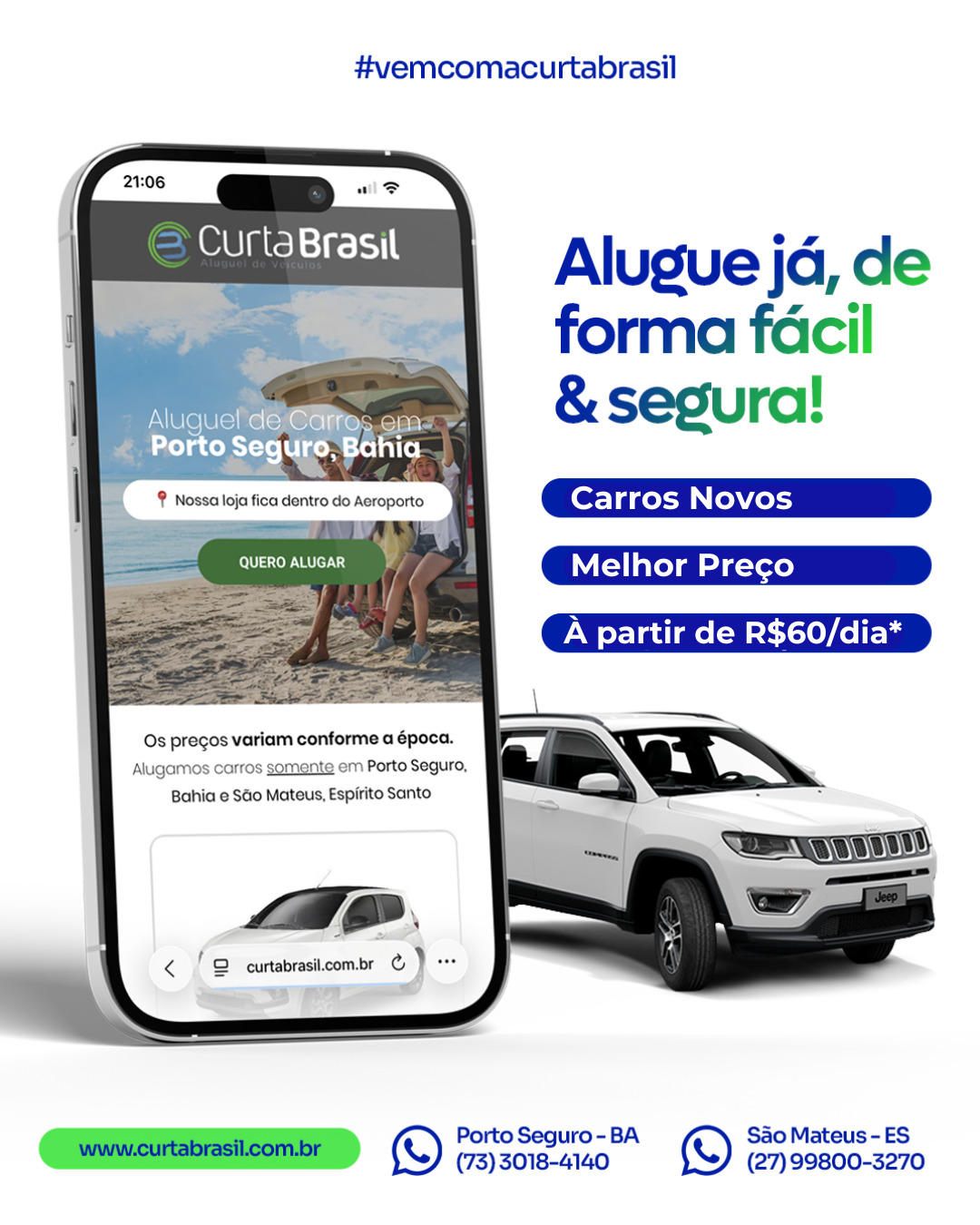 Alugar um carro na Curta Brasil é assim: Carros novos, melhor preço e diária que cabe no bolso! 🚗🌴
🖥️ Acesse www.curtabrasil.com.br e garanta logo um carro na data da sua viagem!
#curtabrasil #curtabrasilalugueldeveiculos #portoseguro #alugueldecarros #alugueldeveiculos #saomateus