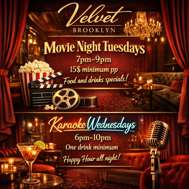 Midweek plans = UPGRADED 🎬✨🎤
🎬 Movie Night Tuesdays – films, popcorn vibes & drink specials 🍿🍸
🎤 Karaoke Wednesdays – grab the mic & enjoy happy hour all night 🎶🥂
Bring your friends. Bring the energy.
🔥 Reserve your spot & join us this week!
#VelvetBrooklyn #BrooklynNights #NYCNightlife #KaraokeNight #MovieNight