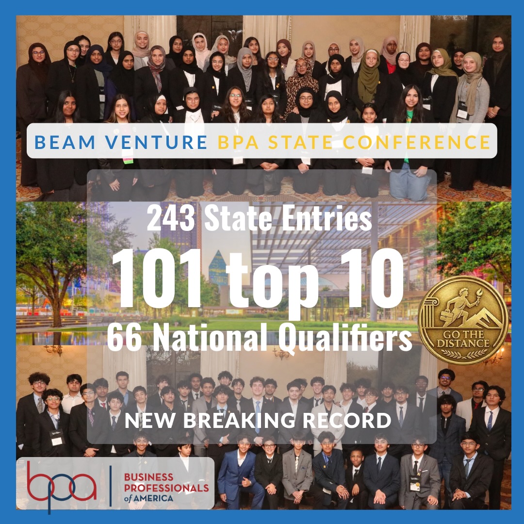 Salam Alaikum Dear BEAM Venture Community,
Alhamdulillah, we have concluded another remarkable journey at the BPA State Leadership Conference. We are filled with gratitude to Allah (SWT) for the opportunity our students had to grow, compete, and represent their chapters and communities with excellence.
This year, our BEAM Venture delegation included nearly 200 participants representing their chapters and communities at the state level.
Competitions like these offer students much more than rankings. They build confidence, resilience, teamwork, and the ability to rise to challenges while supporting one another.
🏆 State Leadership Conference Results
• 243 competitive entries at the state level
• 117 entries advanced to finals
• 83 student finalists ranked Top 10
• 18 additional Top 10 placements in open events
➡️ 101 total student entries placed in the Top 10 among 4,823 entries statewide
Each chapter had students qualify for Nationals, and two chapters were crowned State Champions.
🌟 Leadership & Community Impact
• A BEAM Venture student currently serves as a BPA Regional President
• Many students volunteered as conference interns
• Our community provided 30 volunteer judges for the BPA State Conference
🏆 National Virtual Events – Top 10 in the Nation
• 9 middle school teams
• 2 high school teams
• 1 college team
• 3 individual finalists
✈️ 66 student entries qualified for Nationals and will represent our community at the BPA National Leadership Conference in Nashville, Tennessee, this May, insha’Allah.
A huge thank you to our BPA specialists, chapter core teams, chaperones, judges, sponsors, families and schools and masajid (VRIC, SMS, BHA, ICF, BEAM Academy, and UTD) for supporting our students every step of the way.
Beyond the competition, the moments of community and faith were just as meaningful — praying Taraweeh together, gathering for Friday prayers, encouraging one another before competitions, and celebrating each other’s accomplishments.
May Allah (SWT) place barakah in the efforts of our students and grant them continued success as they represent their communities at Nationals in Nashville, insha’Allah.