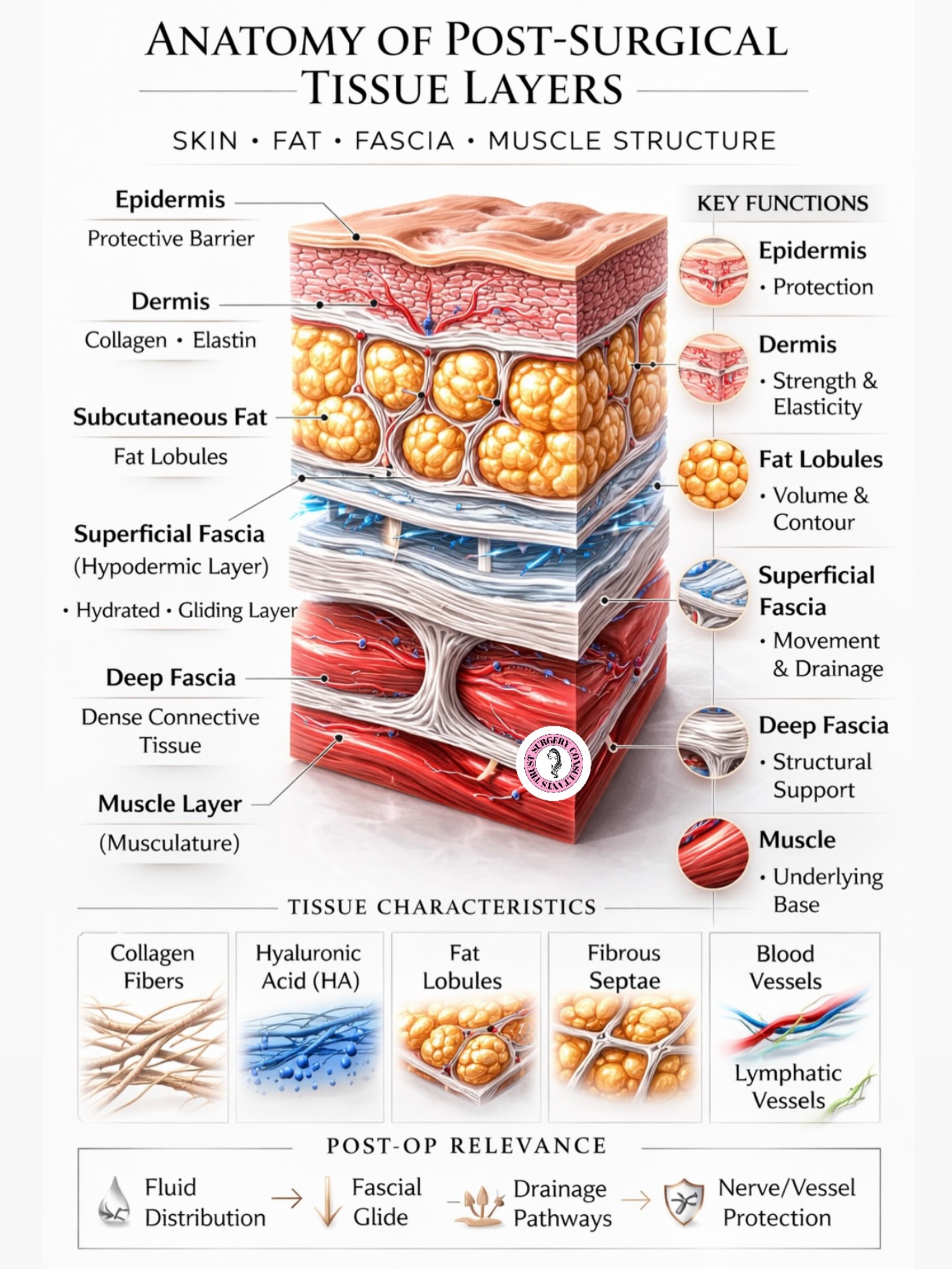 𝐀𝐍𝐀𝐓𝐎𝐌𝐘 𝐎𝐅 𝐏𝐎𝐒𝐓-𝐒𝐔𝐑𝐆𝐈𝐂𝐀𝐋 𝐓𝐈𝐒𝐒𝐔𝐄 𝐋𝐀𝐘𝐄𝐑𝐒 🤍
Understanding what’s happening beneath the skin is what separates basic post-op care from advanced, results-driven recovery.
After any surgical procedure—especially liposuction, BBL, or body contouring—your body is navigating healing across multiple tissue layers simultaneously:
𝐄𝐏𝐈𝐃𝐄𝐑𝐌𝐈𝐒
Your outer protective barrier—this is where incision healing begins.
𝐃𝐄𝐑𝐌𝐈𝐒
Rich in collagen & elastin → responsible for skin strength + elasticity post-recovery.
𝐒𝐔𝐁𝐂𝐔𝐓𝐀𝐍𝐄𝐎𝐔𝐒 𝐅𝐀𝐓
Where fat cells (adipocytes) live → directly impacted during lipo + where fibrosis can develop.
𝐒𝐔𝐏𝐄𝐑𝐅𝐈𝐂𝐈𝐀𝐋 𝐅𝐀𝐒𝐂𝐈𝐀
Your gliding layer → crucial for fluid movement, lymphatic drainage & preventing stiffness.
𝐃𝐄𝐄𝐏 𝐅𝐀𝐒𝐂𝐈𝐀
Dense structural support → anchors tissue & influences overall contour.
𝐌𝐔𝐒𝐂𝐋𝐄 𝐋𝐀𝐘𝐄𝐑
The foundation → stability, posture, and long-term body shaping.
⸻
𝐖𝐇𝐘 𝐓𝐇𝐈𝐒 𝐌𝐀𝐓𝐓𝐄𝐑𝐒 𝐈𝐍 𝐏𝐎𝐒𝐓-𝐎𝐏 ↓
Healing is not just “surface level.”
✔️ Fluid distribution happens between fat + fascia
✔️ Fibrosis forms when fascia becomes restricted
✔️ Lymphatic pathways must stay open to prevent buildup
✔️ Collagen remodeling determines your final results
This is why treatments like manual lymphatic drainage, fascia work, and advanced post-op protocols are not optional… they are essential.
⸻
𝐀𝐓 𝐓𝐑𝐔𝐒𝐓 🤍
We don’t just treat the surface we treat the entire anatomical system to optimize healing, prevent complications, and elevate your final outcome.
⸻
𝐁𝐎𝐎𝐊 𝐘𝐎𝐔𝐑 𝐏𝐎𝐒𝐓-𝐎𝐏 𝐏𝐋𝐀𝐍
📍 Toronto | Vaughan
🌐 www.trustbeautybar.ca
#PostOpCare #LymphaticDrainage #FibrosisTreatment #BodyContouring #BBLRecovery