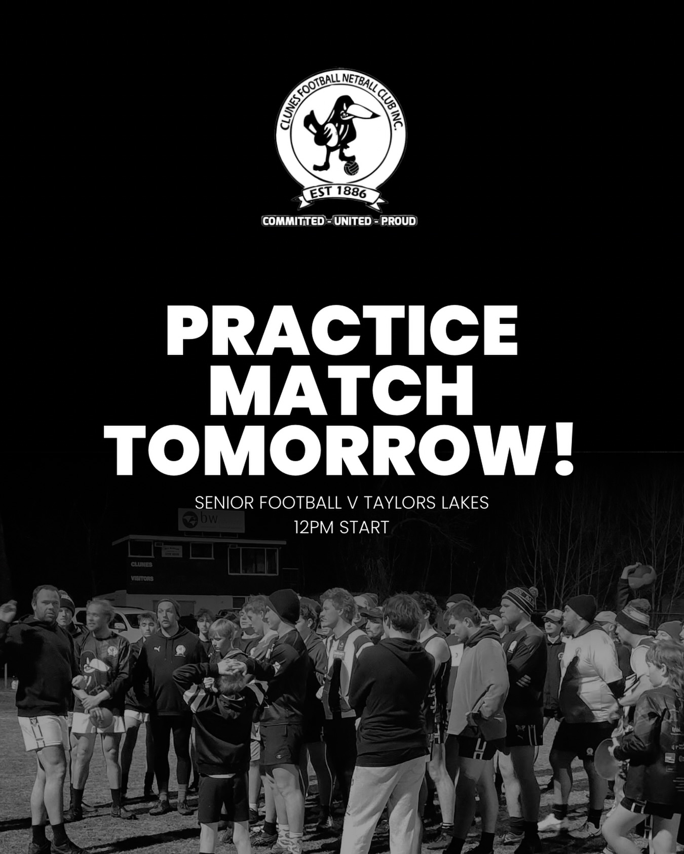 🚨PRACTICE MATCH TOMORROW🚨
Clunes v Taylors Lakes @ Clunes
12pm start for 6 periods of play
Come down and support our boys! Be mindful that Booktown is on and parking may be challenging