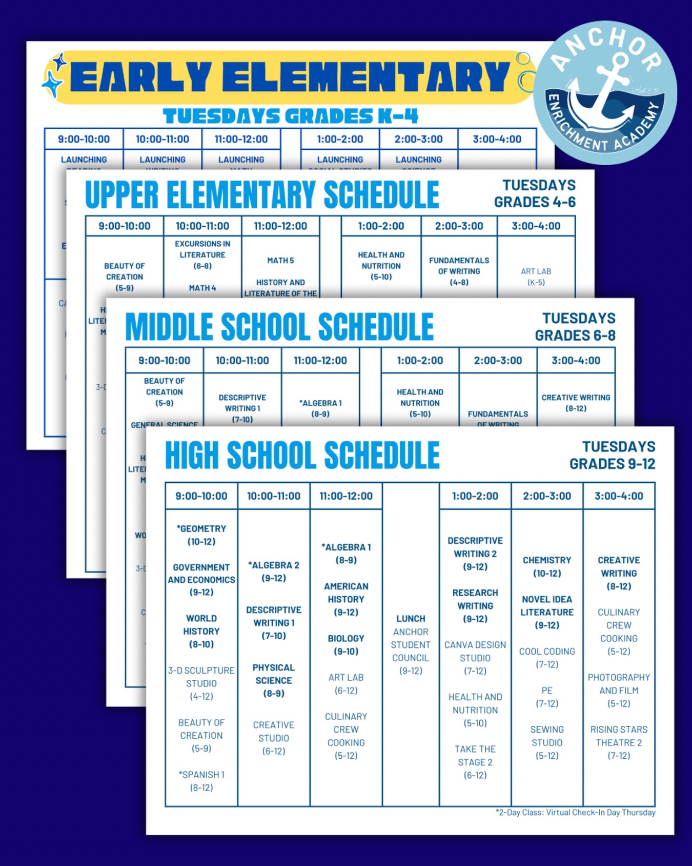 EAST VALLEY! Explore all the 2026-2027 class offerings at our Mesa campus! 📚✨
From core subjects to enrichment, there’s something for every student. View full course descriptions on our website: https://www.anchorenrichment.org/anchor-day-tuesdays