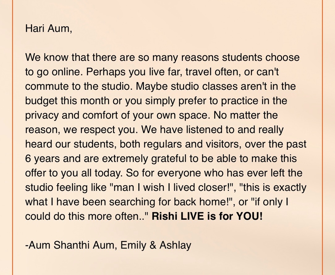 Have you heard?? Rishi LIVE is here 𤩠To paraphrase one of our founding members.. āIāve tried many YouTube Yoga classes and they never stuck. This was like being right there, part of the studio. Looking forward to joining again!ā Will you be the next to join? šš½ www.rishiyogaandwellness.com #onlineyoga #rva #yogalivestream #traditionalyoga #virtualyoga