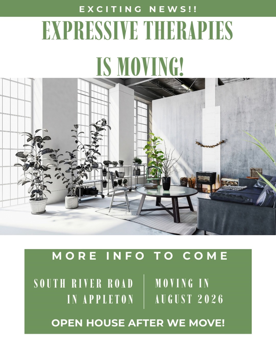 Exciting news from Expressive Therapies: We are moving! Be on the lookout for more information on our move in Summer 2026 to South River Road in Appleton!
#expressivetherapiesllc #weremoving #creativeartstherapies #FoxValleyWI