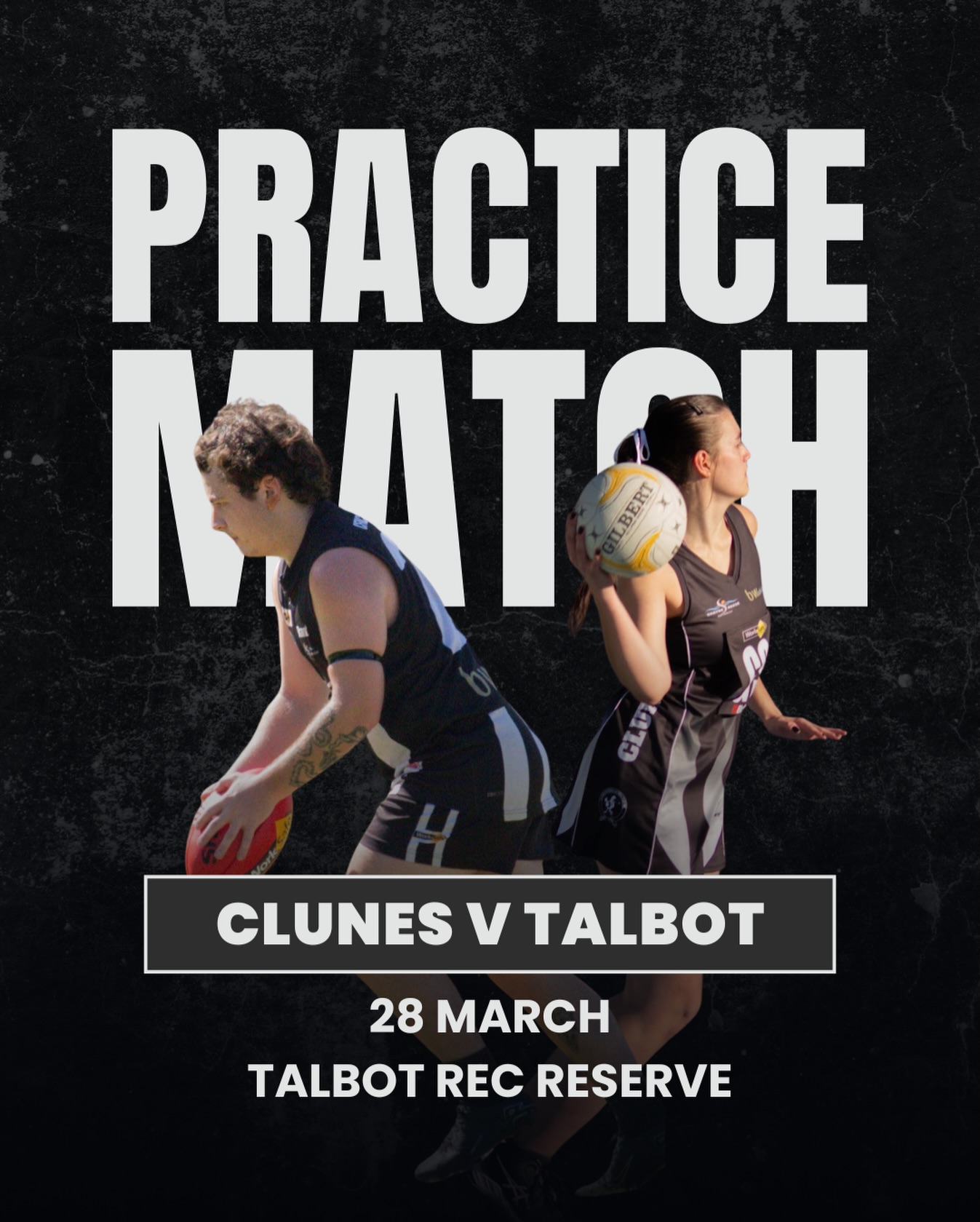 🏐PRACTICE MATCH - CLUNES V TALBOT🏉
It’s time for our annual practice match against Talbot FNC! This year, it’s out at Talbot on the 28th of March (next weekend!!)
We’d love to see as many supporters as players out there cheering on our juniors and seniors 🖤🤍
Game times are as follows:
Netball:
Under 13Bs - 9:00am
Under 13As - 9:50am
Under 15s - 10:45am
Under 17s - 11:40am
C Grade - 12:35pm
B Grade - 1:30pm
A Grade - 2:30pm
Football:
Under 12s - 9:00am
Under 15s - 10:10am
Under 18s - 11:30am
Reserves - 12:50pm
Seniors - 2:35pm
