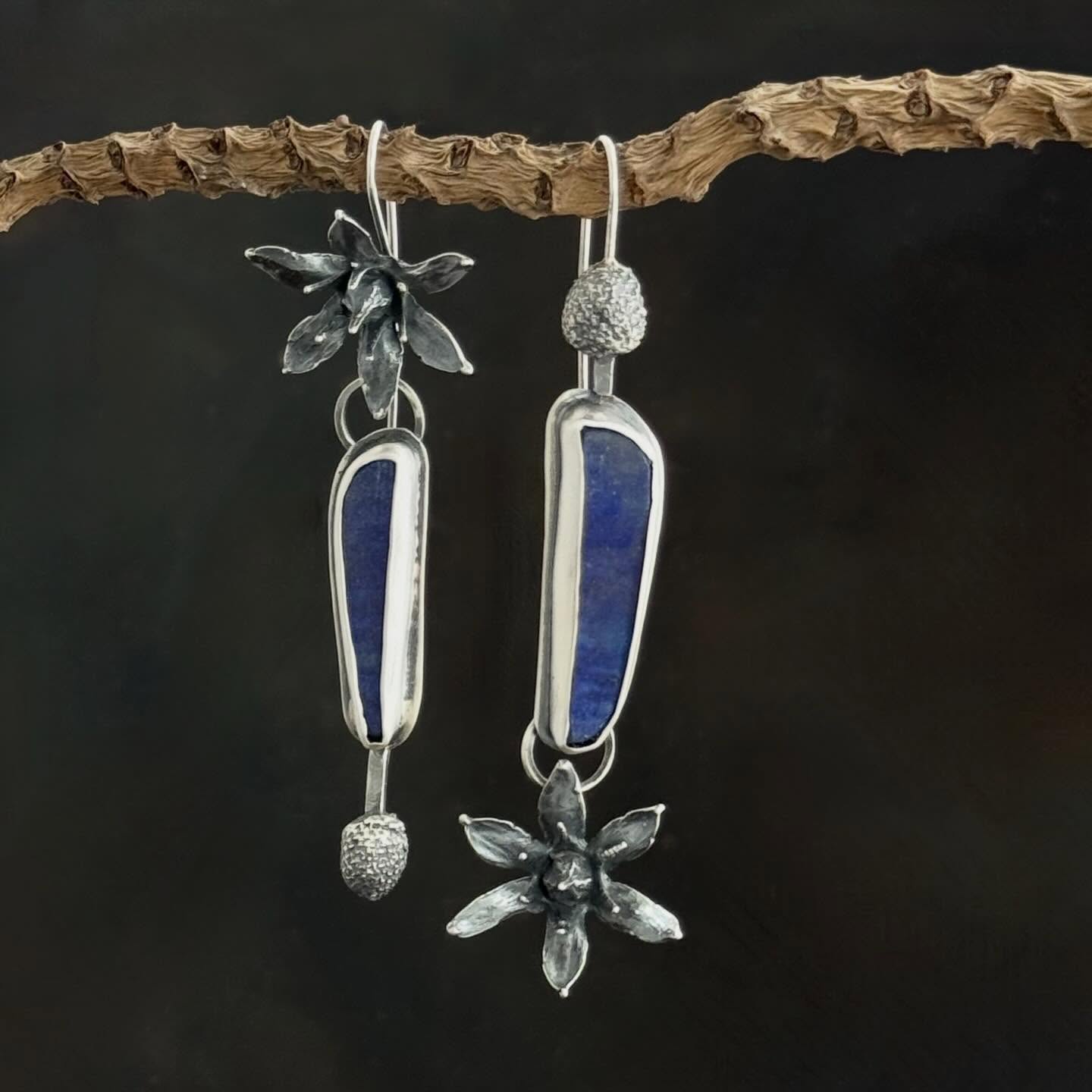 I’ve always loved a matte surface lapis and I’ve had these stones in my stash for a couple of years. This new collection has me pulling out some of my favorite stones that I’ve have to admit I’ve been hoarding! These are paired with cast pineapple lilies blossoms and the centers of fall anemone flowers. Both are plants in my garden.
If the sun comes out, I pop out into the garden for a little planting and weeding. Today is a studio day with rainy skies.
