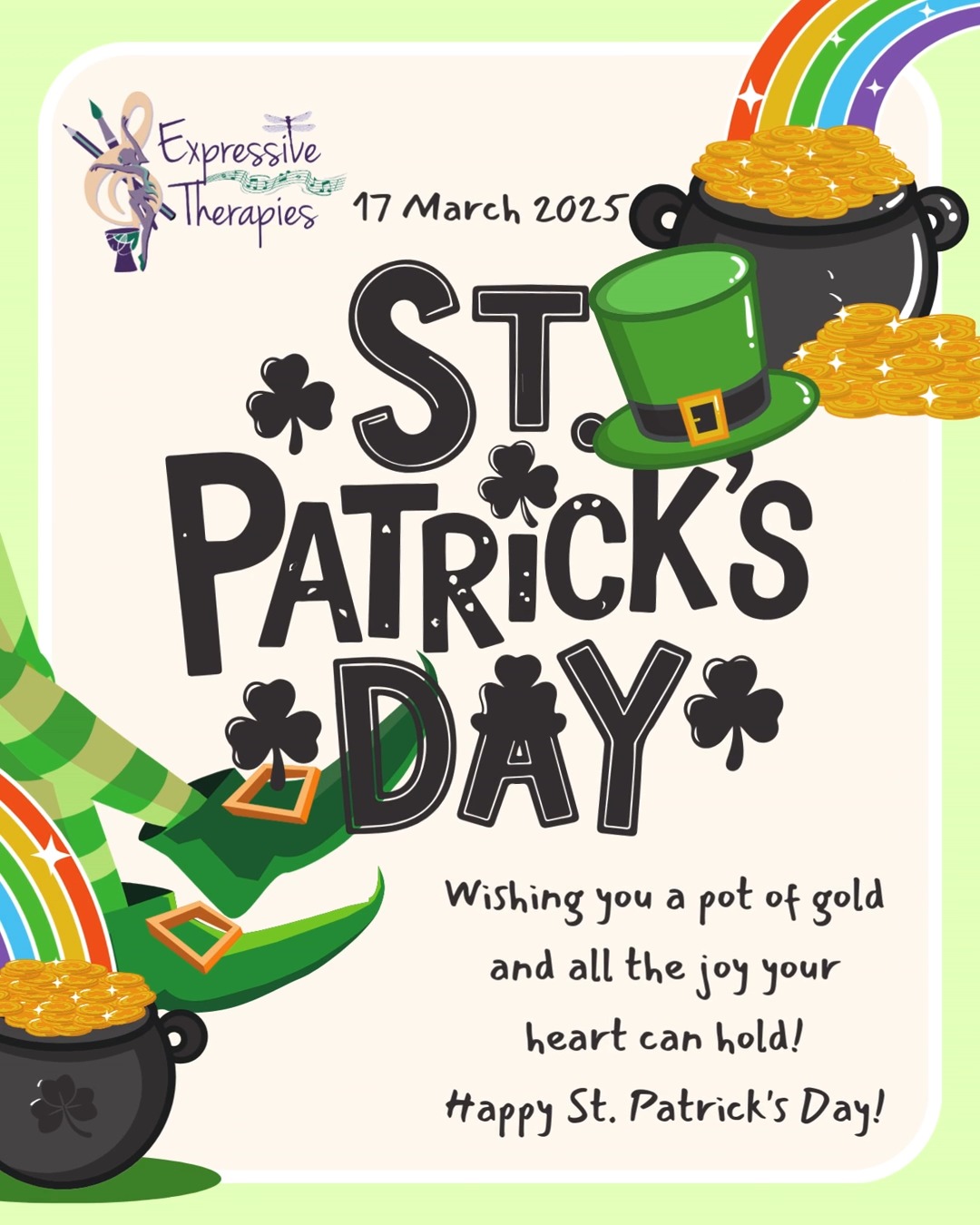 Erin go bragh! Happy St. Patrick's Day from Expressive Therapies. Have a safe, lucky, and joyful day! 🍀
#expressivetherapiesllc #StPatricksDay2026