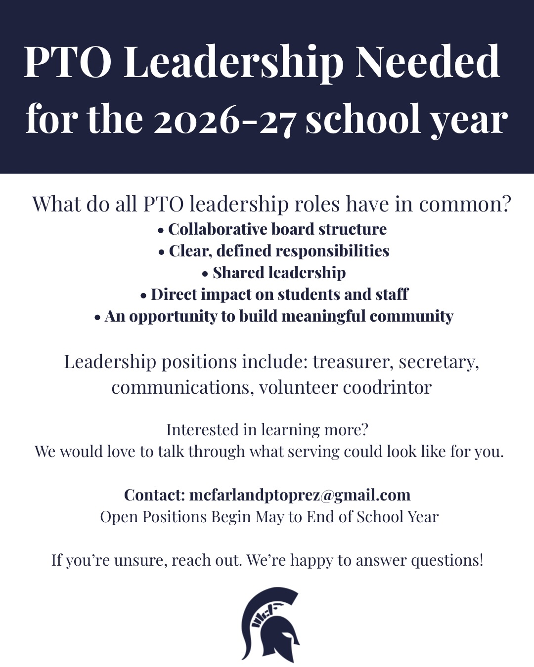 ✏️Strong schools don’t just happen- they’re built by families who lean in. Springboarding off this great year, we are continuing to grow and innovate!
❕We’re looking for leadership!
🤍The PTO isn’t just about meetings or fundraising. It’s about creating the kind of school community we want our kids to grow up in.
🗣️We’re looking for leaders for the upcoming year, and would love to connect and share more about what each role looks like!
✨If you’ve ever thought, “I’d like to get more involved,” this is your sign✨
Interested in learning more? Email us at mcfarlandptoprez@gmail.com or message us here!