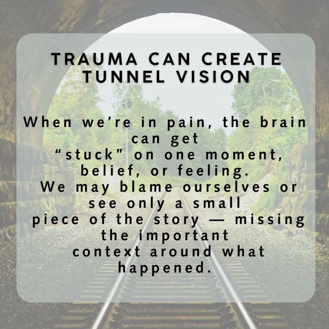 Trauma can create **tunnel vision** in how we remember what happened.
Instead of holding the full context of an experience, the brain can lock onto one moment, one feeling, or one belief — often sounding something like:
“It was my fault”
“I should have done something differently”
"I'm responsible"
When this happens, the memory is stored in a way that omits important parts of the story, including the circumstances, the limitations you were under, and the ways you were actually trying to cope or survive.
This narrowed view can keep the nervous system stuck because the brain reacts to the memory as if that small piece were the whole truth.
EMDR helps the brain reprocess the experience so more information can come online.
As the memory integrates, people often notice they can see the event with more context, more balance, and less self-blame.
Healing doesn’t come from forgetting what happened.
It comes from being able to see the **whole picture**.
#EMDR #TraumaTherapy #EMDRTherapist #TraumaHealing #MentalHealthProfessionals #NervousSystem #TherapistInstagram #Psychotherapy #HealingJourney