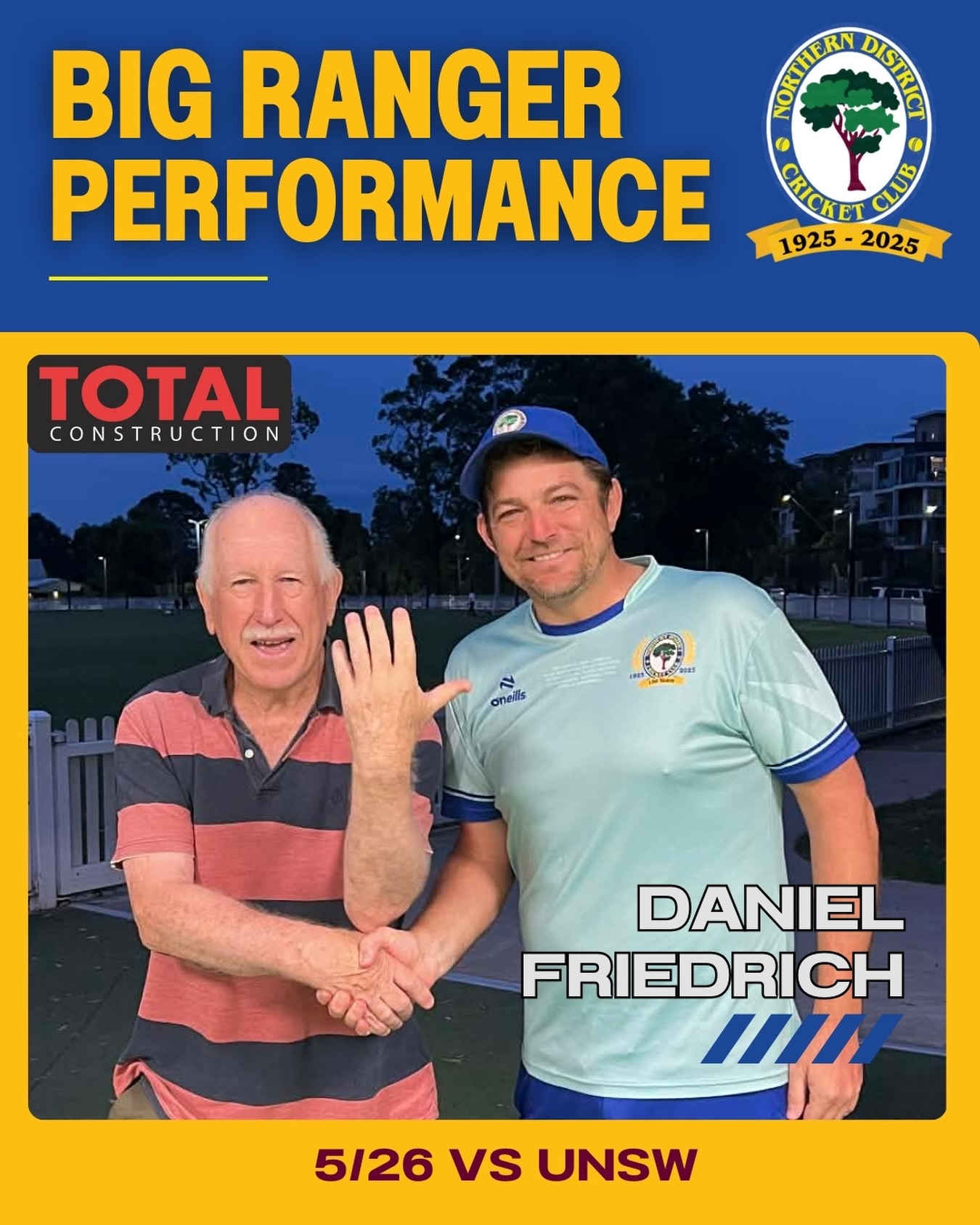 🌳Big Ranger Performance🌳
Proudly brought to you by Total Construction
After posting a modest 212 against the minor premiers, 4th Grade needed something special - and it was captain Dan Friedrich who stepped up again. UNSW made a strong start at 0/38, but on the back of disciplined bowling, Freddy masterminded a dramatic collapse, taking four quick-fire wickets to reduce them to 5/43.
From there, Freddy maintained his chokehold on the Bees’ lineup, conceding just 26 runs from his 23 overs. He then dismissed UNSW’s most threatening batter to seal a 25-run victory, as the side progresses to face St George in the semi-finals.
Outstanding work, skipper!