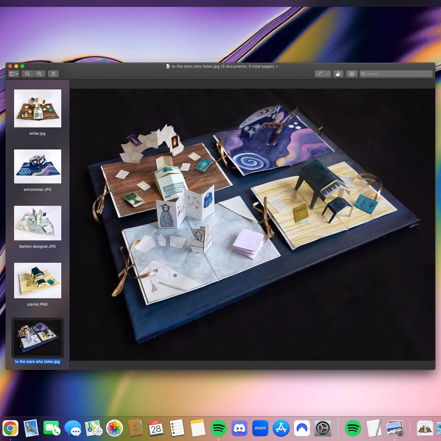“to the stars who listen” 2023
watercolor, watercolor paper, acrylic, canvas, ribbon
a series of pop up cards based on my dream jobs growing up