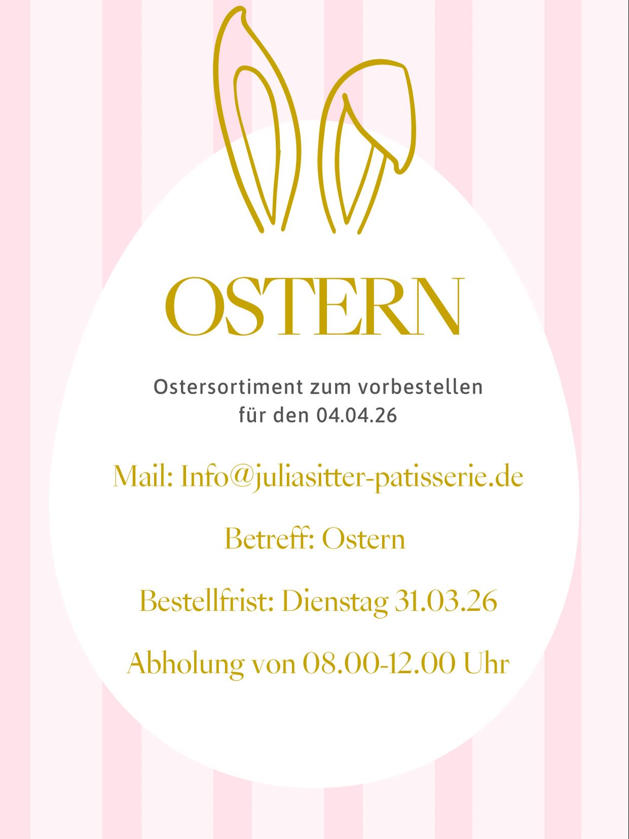 OSTERN 2026 🐣🌼🐰✨
Ostern steht vor der Tür und es gibt wieder viele feine Produkte zum vorbestellen.
Das Sortiment findet ihr in den Bildern 👉🏼
ABHOLUNG:
Samstag 04.04.26 von 08.00-12.00 Uhr
Ich freue mich auf euere Bestellungen ✨🌼🐣🐰
#happyeaster #osternest #konditorei #pâtisserie #juliasitter_patisserie _patisserie