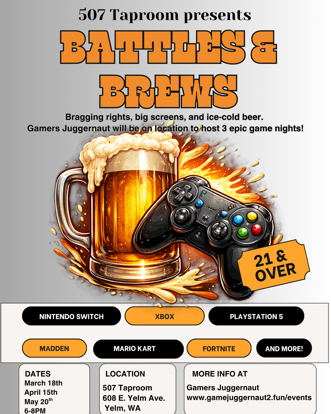 Ready to prove you’ve got the skills? 🎮🍻
Join us at 507 Taproom & Filling Station for Battles & Brews — an evening of controller-driven competition, cold drinks, and good times. Adult gamers welcome. Bring your A-game and grab a seat early — matches run March 18, 6:00–8:00 PM. Link in bio to learn more and RSVP! 🎟️
