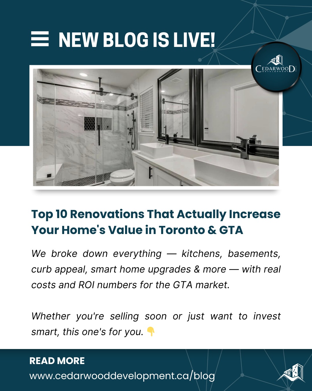 📖 NEW BLOG IS LIVE and this one's a must-read for every Toronto & GTA homeowner! 🏡🔥
💡 "Top 10 Renovations That Actually Increase Your Home's Value in Toronto & GTA"
We broke it ALL down for you:
🍳 Kitchen Remodels
🛁 Bathroom Renovations
🏚️ Basement Finishing
🪨 Interlocking & Curb Appeal
🔒 Waterproofing & Insulation
📱 Smart Home Upgrades
…and MORE with real GTA cost estimates & ROI numbers so you know exactly what's worth your money. 💰
Whether you're selling in 2026 or just want to invest smart in your Markham, Toronto, Vaughan, Mississauga, Brampton or Richmond Hill home, this blog was written for YOU. 👇
🔗 Read it now: cedarwooddevelopment.ca/blog
📞 Ready to renovate?
Call or WhatsApp: (437) 477-7366
📧 info@cedarwooddevelopment.ca
📲 DM us for a FREE consultation
We serve all of Toronto & the GTA!
#TorontoRenovations #GTARenovations #HomeRenovationsToronto #IncreaseHomeValue #TorontoRealEstate #GTARealEstate #KitchenRenovationToronto #BathroomRenovationGTA #BasementFinishingToronto #InterlockingToronto #CurbAppealToronto #MarkhamRenovations #VaughanRenovations #MississaugaRenovations #BramptonRenovations #RichmondHillRenovations #CedarwoodDevelopmentGroup #HomeValueTips #RenovationBlogToronto #OntarioRenovations
