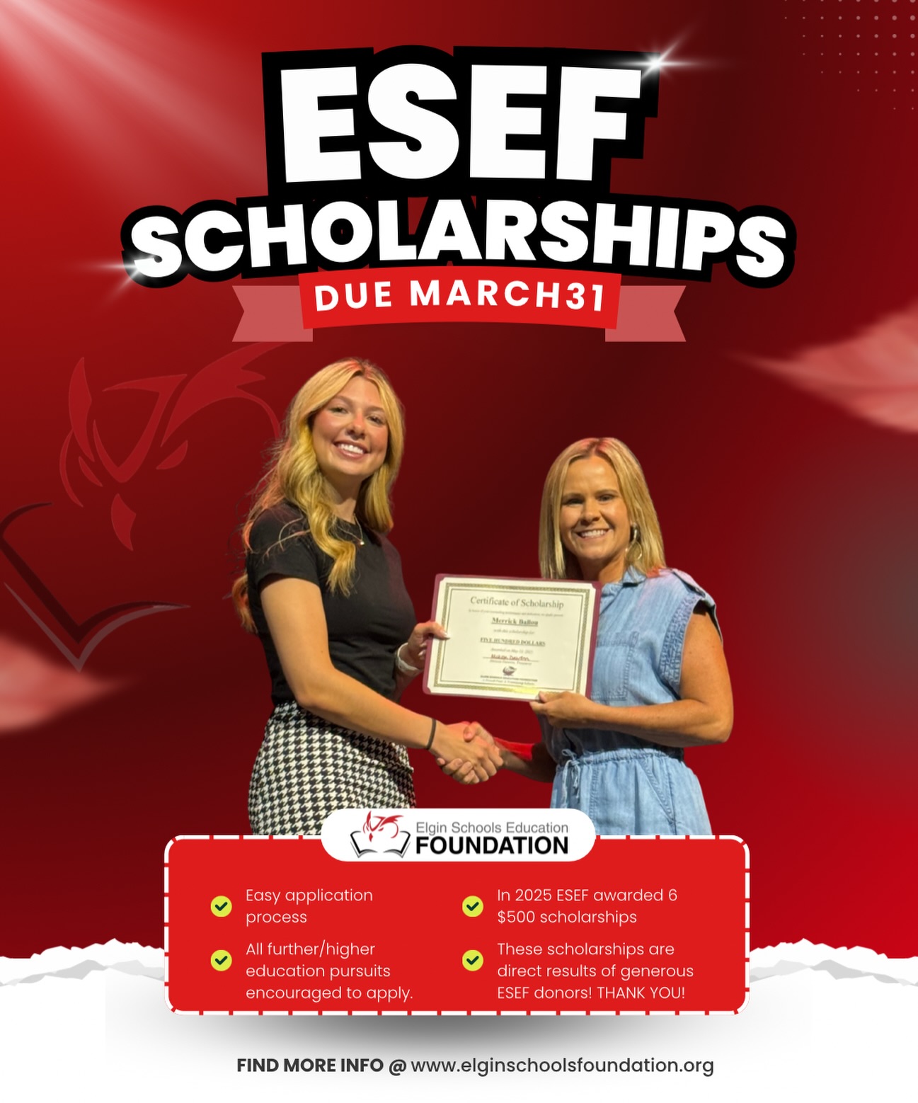 We know it’s spring break BUT it’s a perfect time to apply for our ESEF Senior Scholarships! We are proud to present an easy application process for our seniors with those applications due March 31st. ! No matter whether your further education journey is college bound or technical/trade focused- we encourage you to apply! For more information, visit our website at www.elginschoolsfoundation.org. 🦉📚🎓
We couldn’t do it without our generous donors, a BIG THANK YOU for allowing ESEF to be the steward of your generosity. Our work at ESEF would not be possible without YOU. If you would like to join us in our mission to support EPS students and teachers you can donate using the link in our bio! 🙌🏼♥️🥰